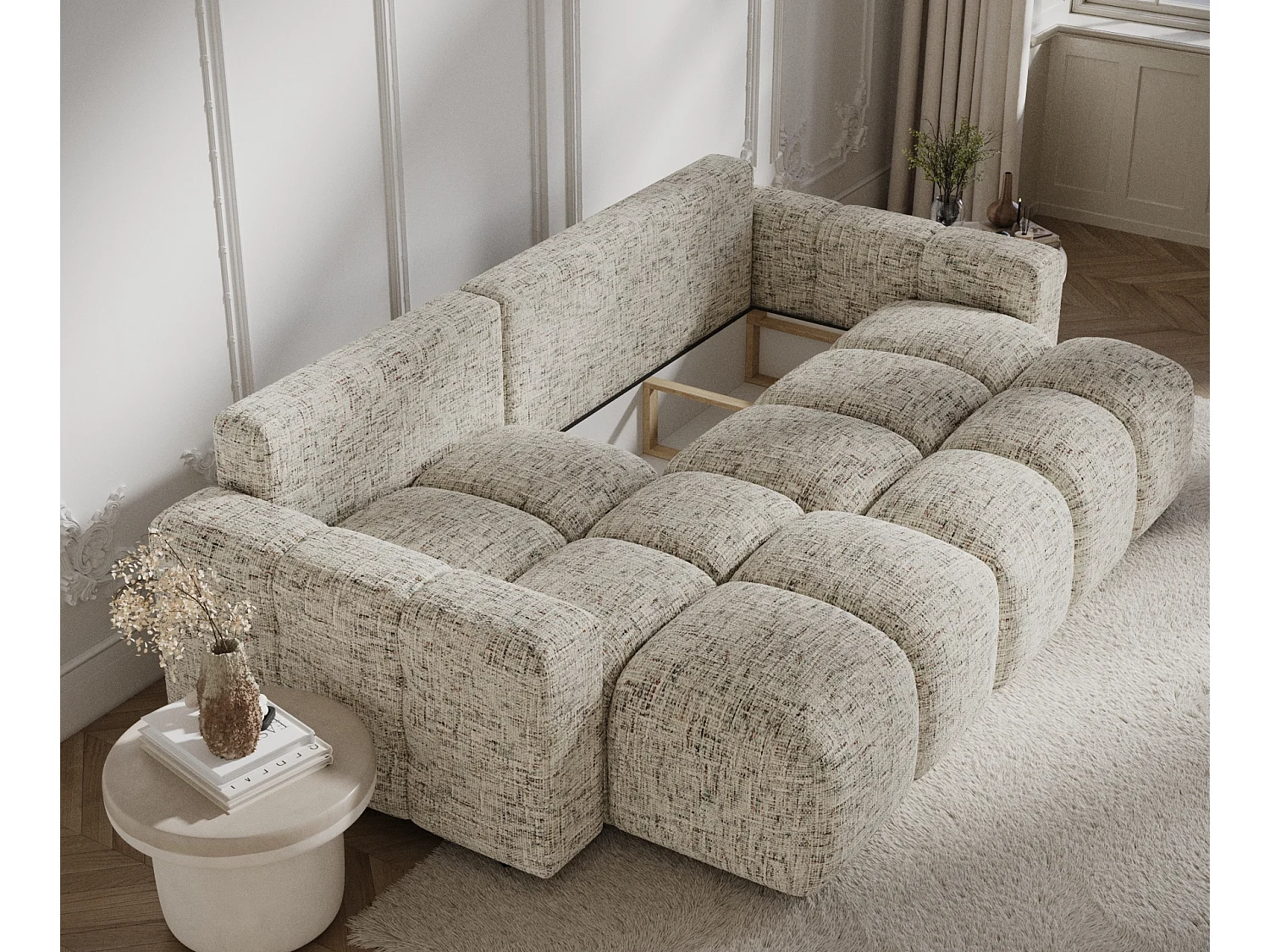 Canapé d'angle convertible Ucci - toile tissée - 4 places - beige mélange