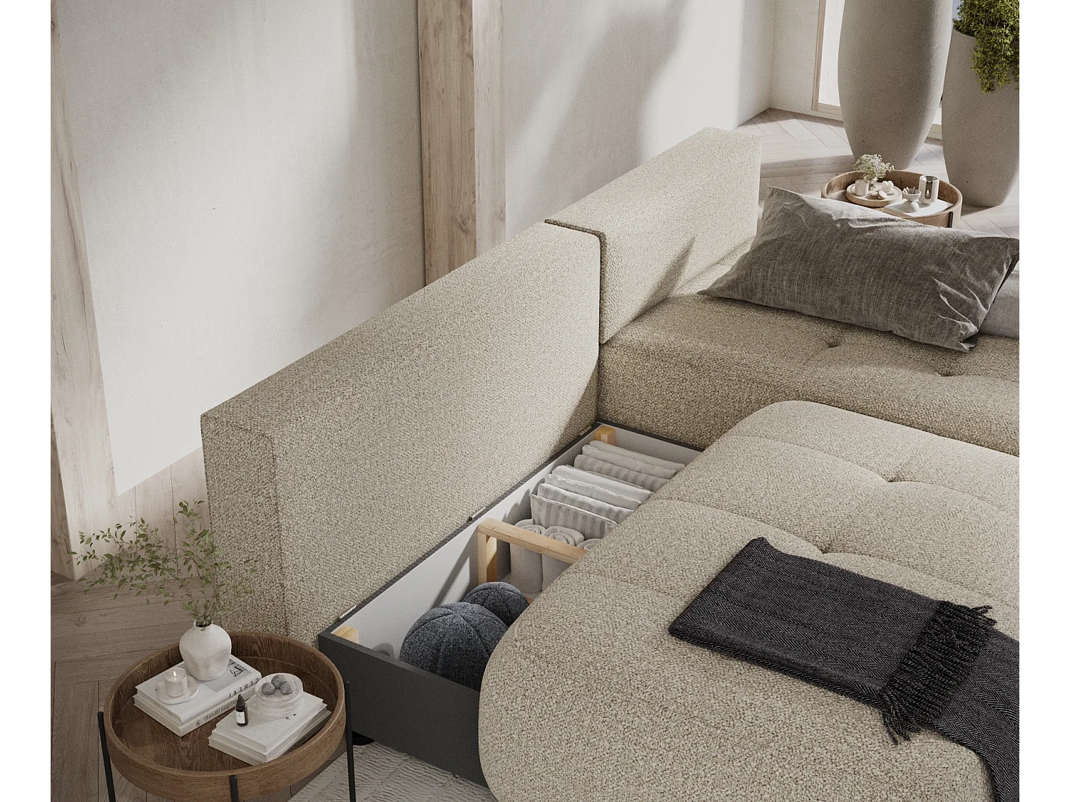 Canapé d'angle convertible Batu - boucle - 3 places - beige