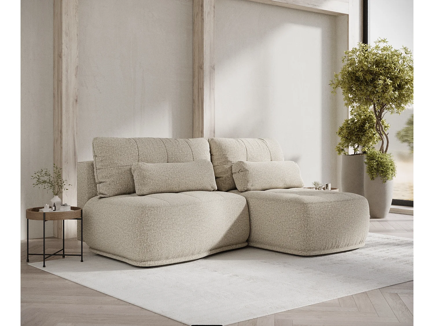 Canapé d'angle convertible Batu - boucle - 3 places - beige