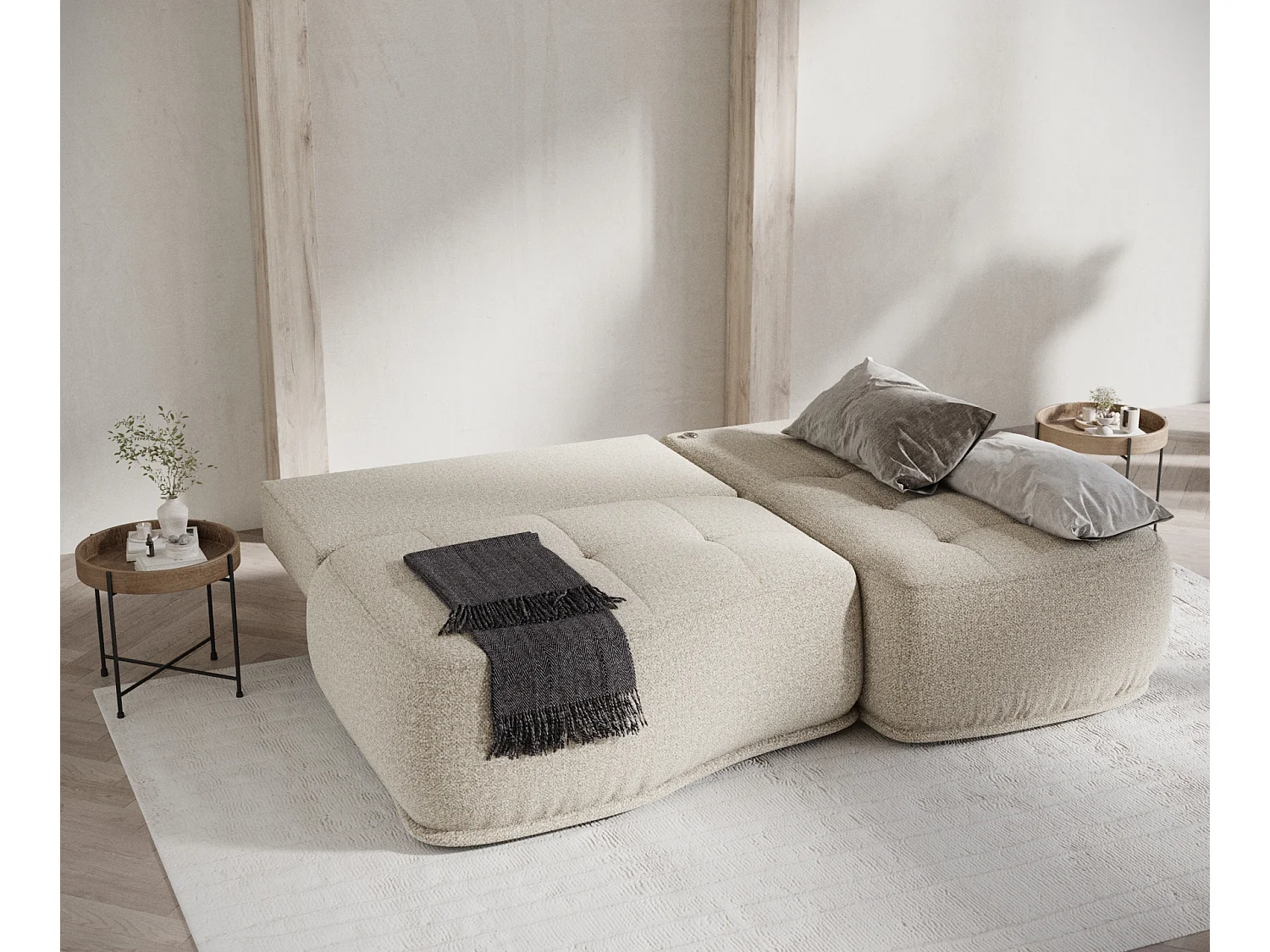 Canapé d'angle convertible Batu - boucle - 3 places - beige