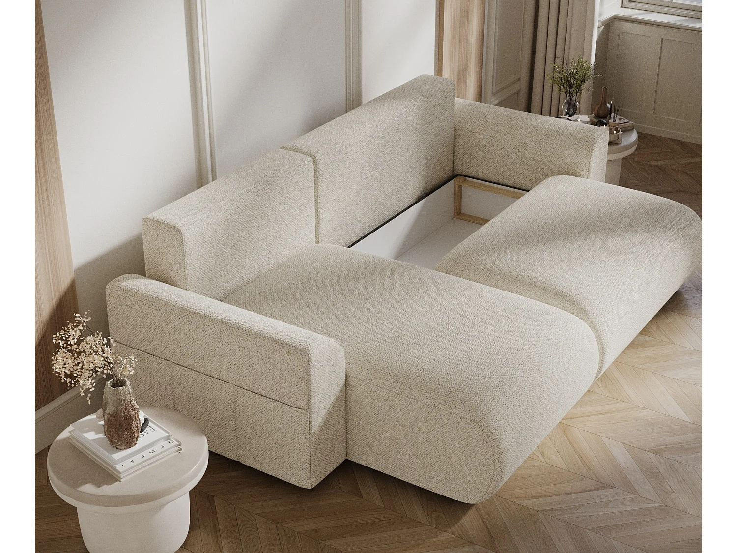 Canapé d'angle convertible Bodega - boucle - 4 places - creme