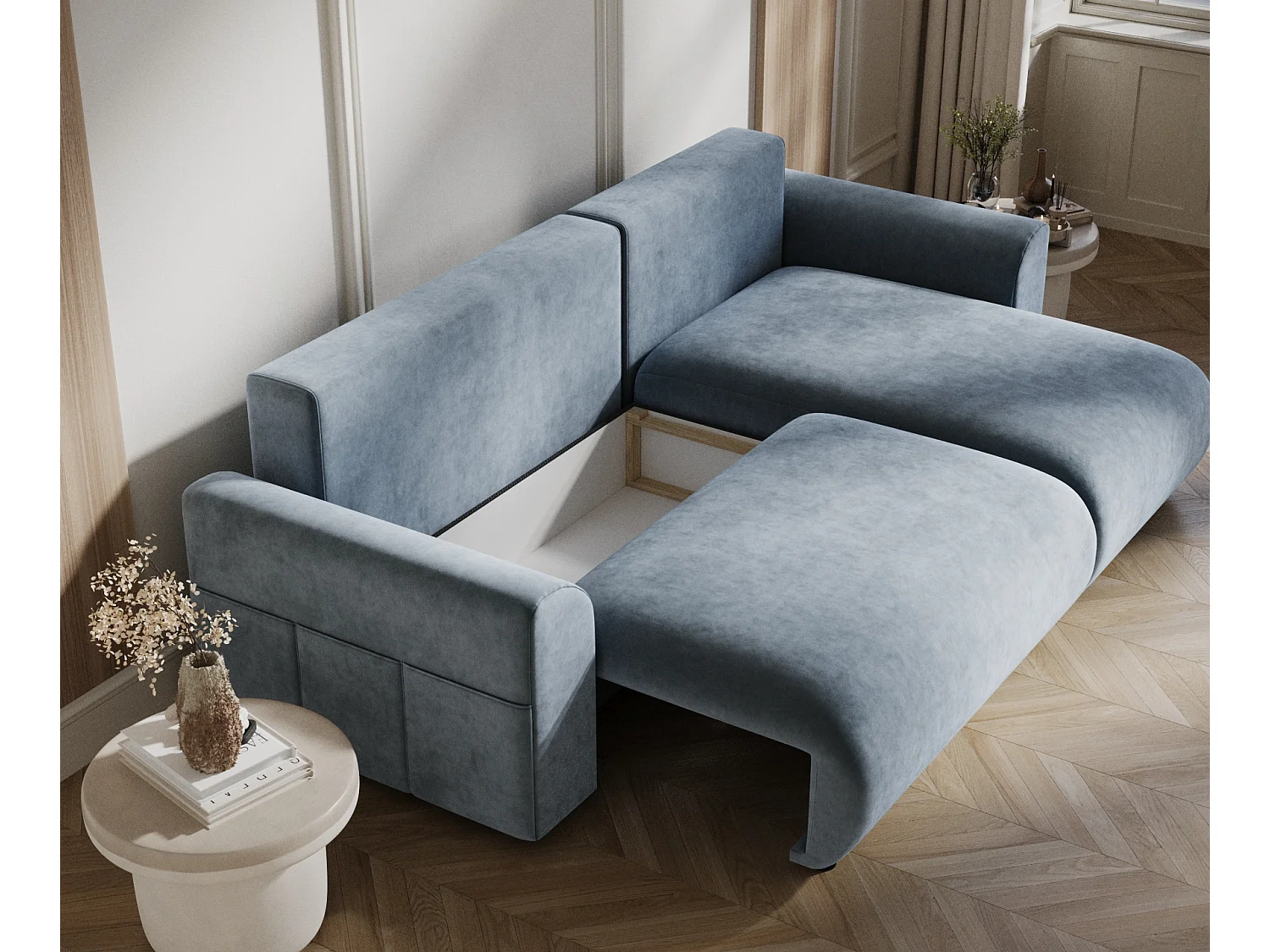 Canapé d'angle convertible Bodega - velours - 4 places - gris