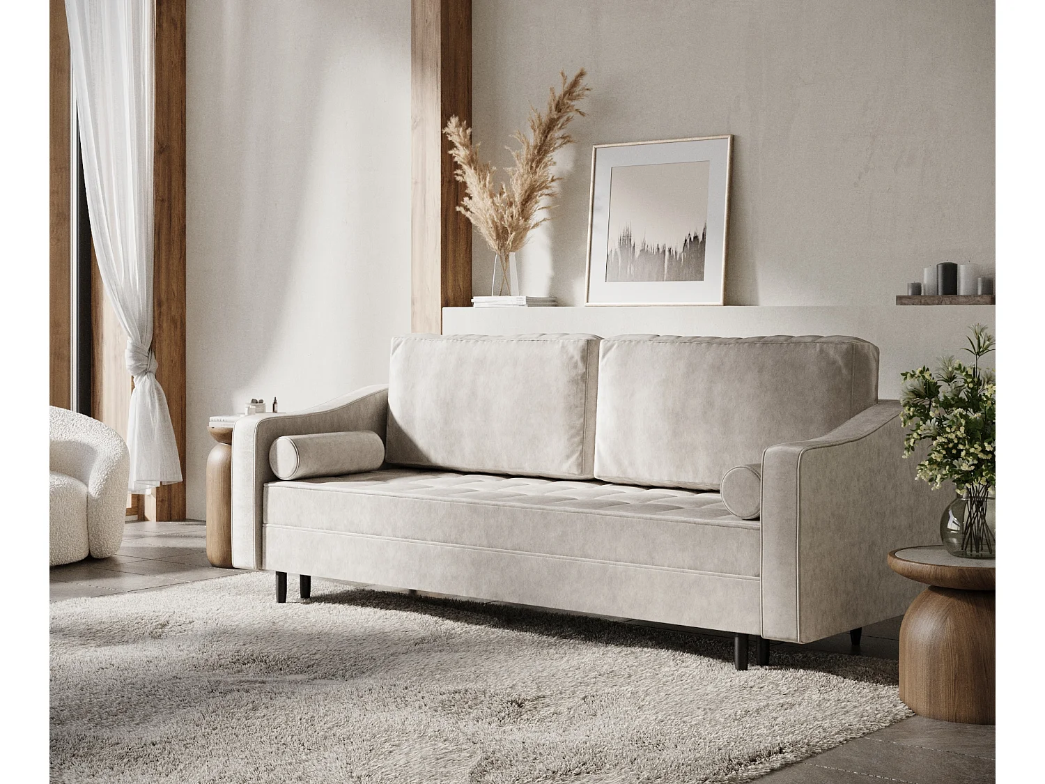 Canapé convertible Zyia - velours - 3 places - creme