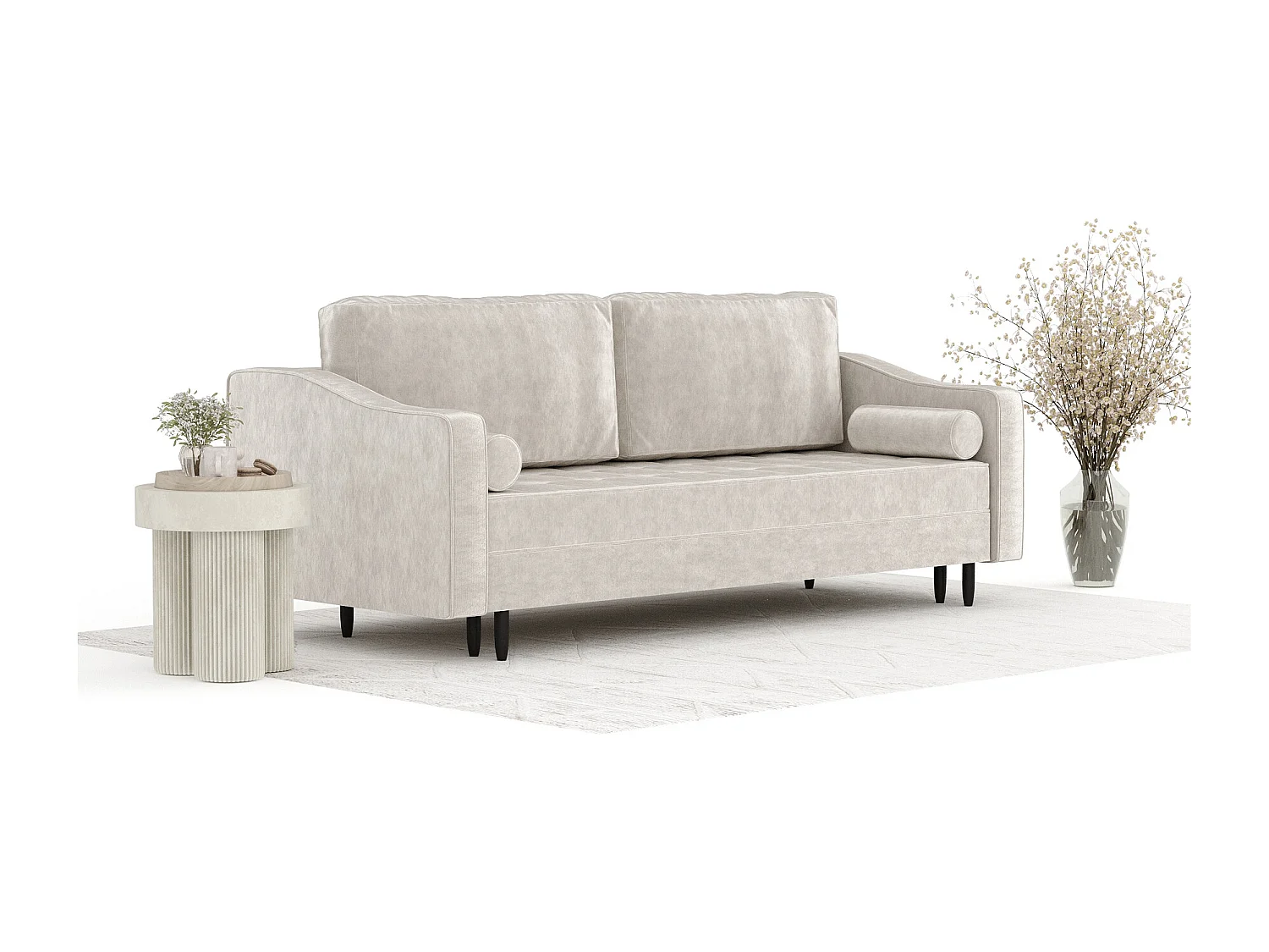 Canapé convertible Zyia - velours - 3 places - creme