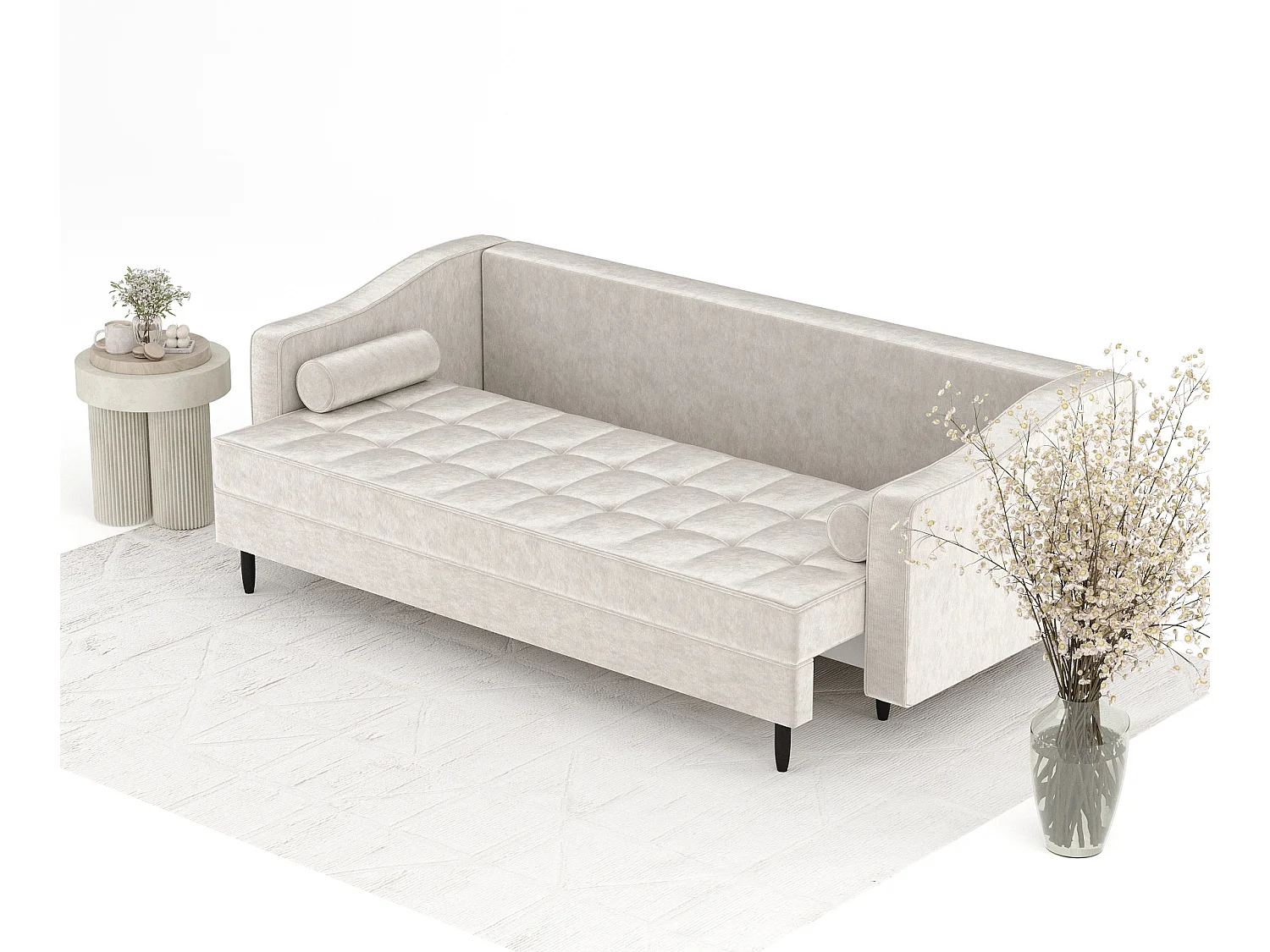 Canapé convertible Zyia - velours - 3 places - creme