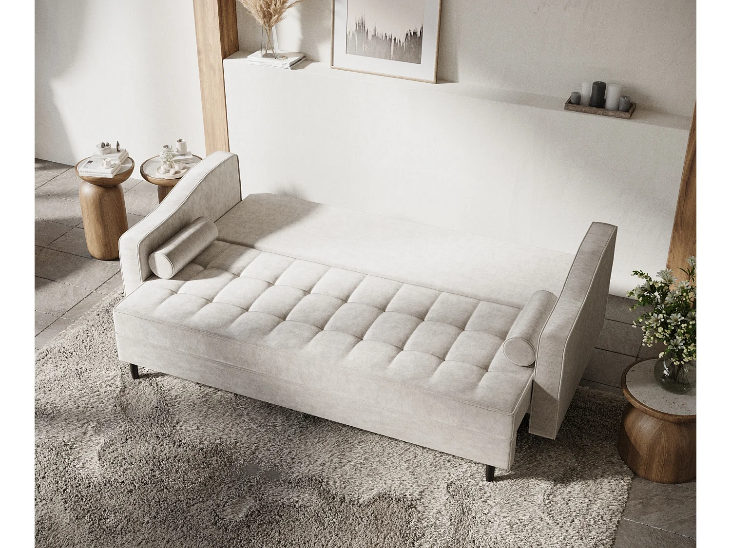 Canapé convertible Zyia - velours - 3 places - creme