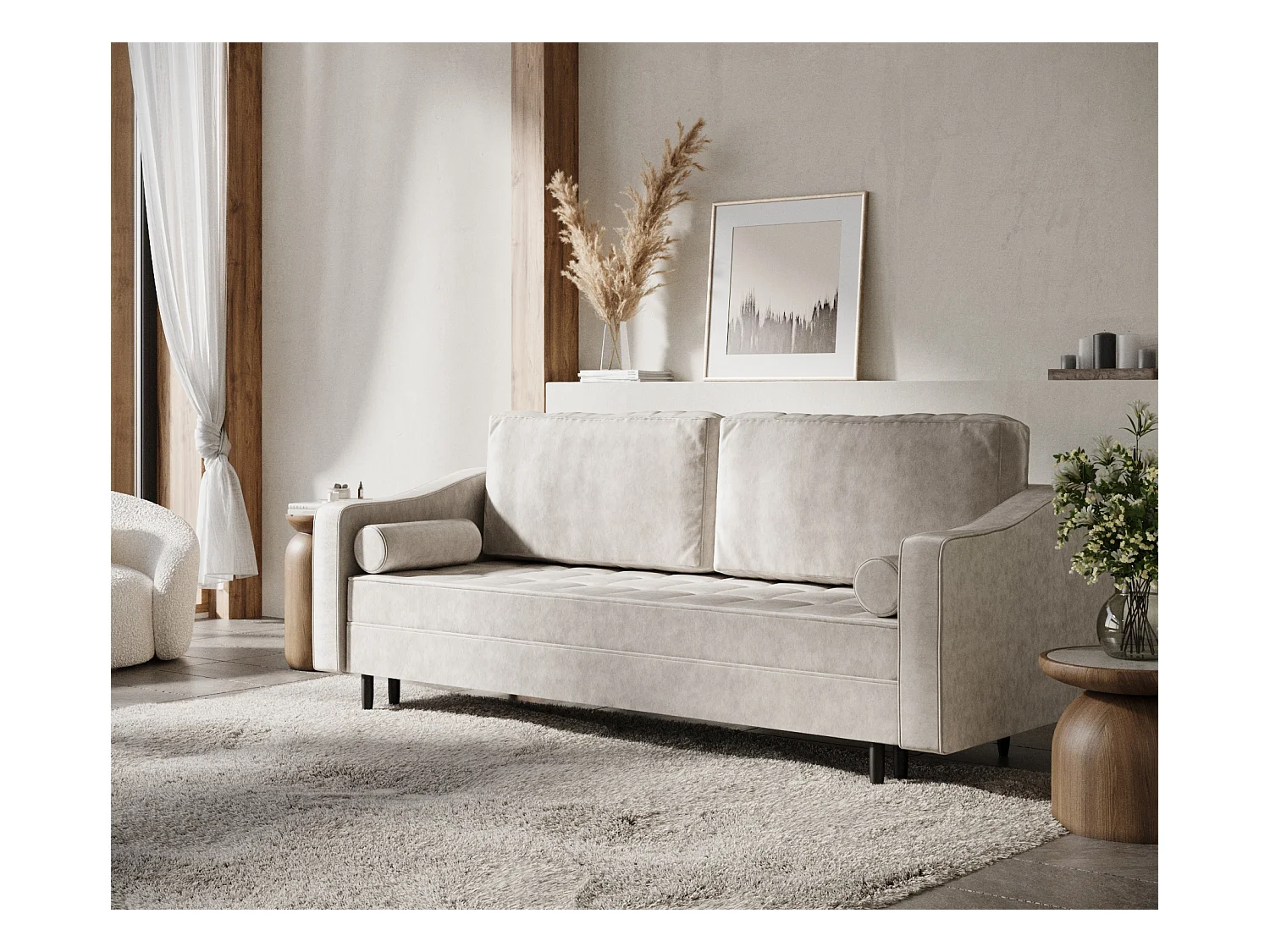 Sofa mit Schlaffunktion Zyia - Samtstoff - Drei-Personen - creme