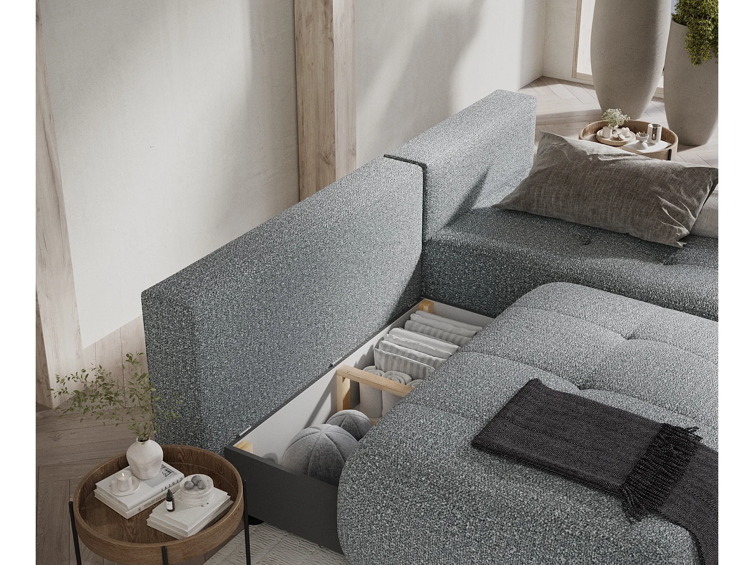 Canapé d'angle convertible Batu - boucle - 3 places - gris