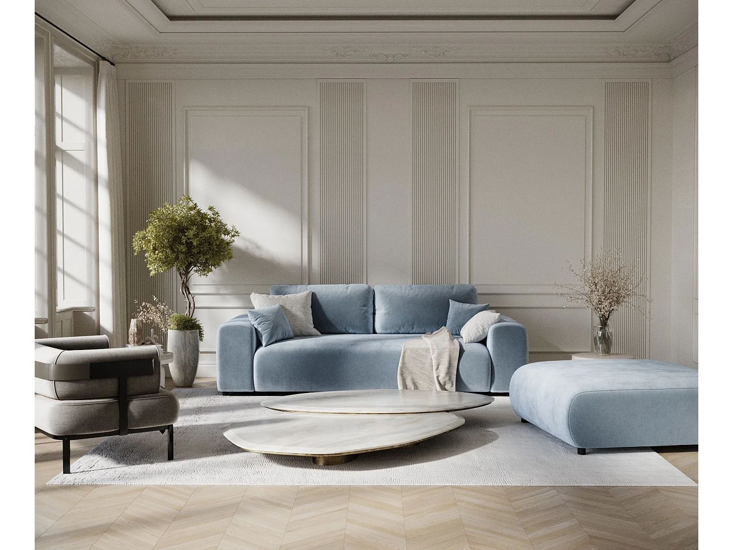 Canapé en tissu velours Zanzibar - 3 places - bleu