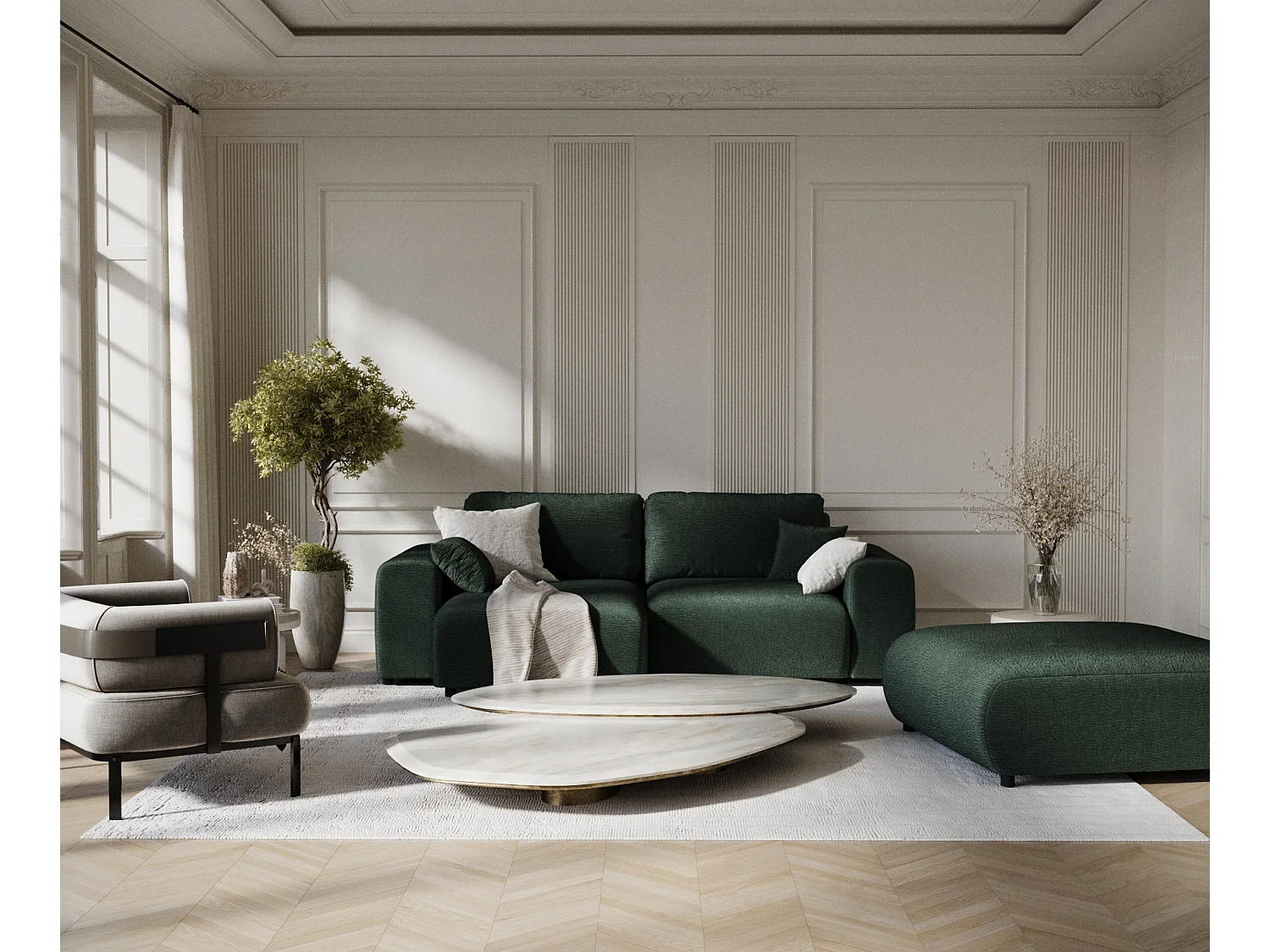 Canapé d'angle en tissu chenille Zanzibar - 4 places - vert foncé