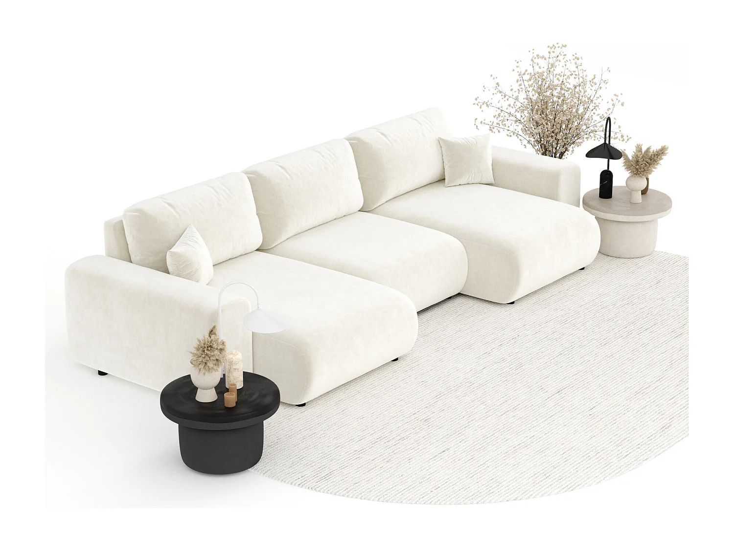 Canapé d'angle panoramique en tissu velours Zanzibar - 6 places - creme