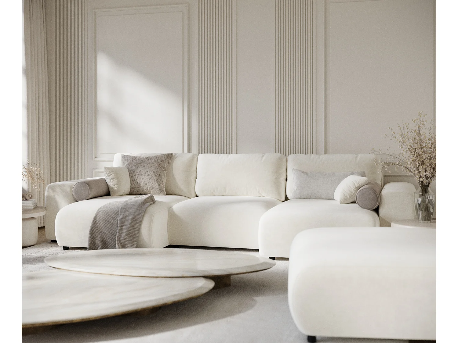 Canapé d'angle panoramique en tissu velours Zanzibar - 6 places - creme