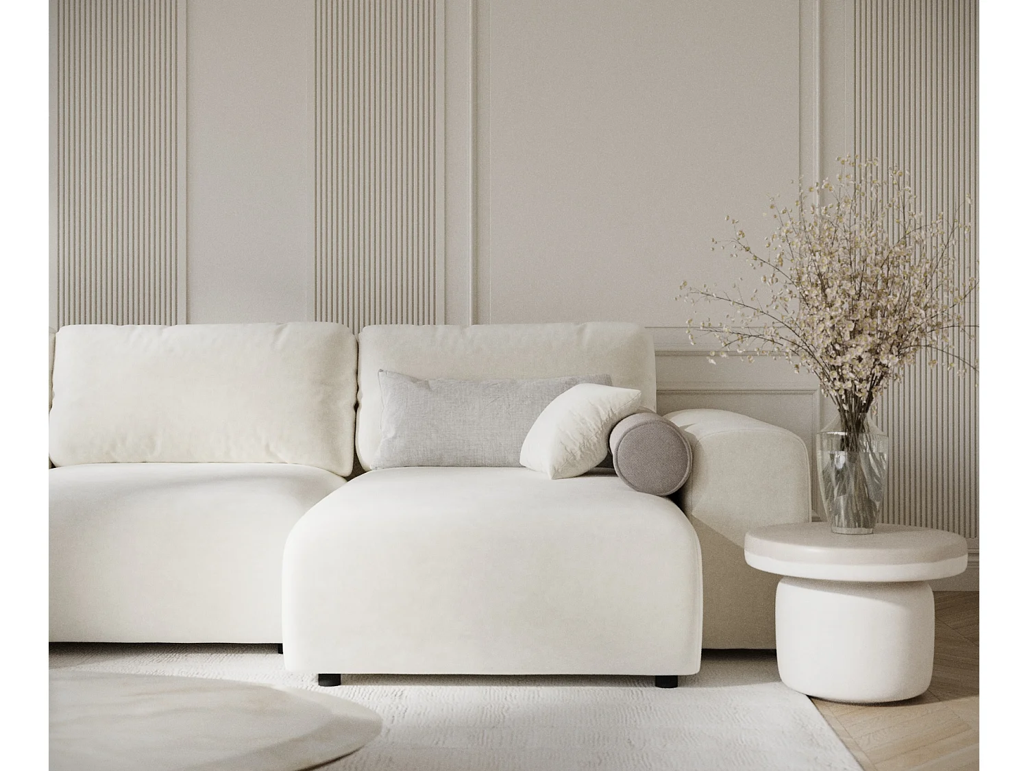 Canapé d'angle panoramique en tissu velours Zanzibar - 6 places - creme