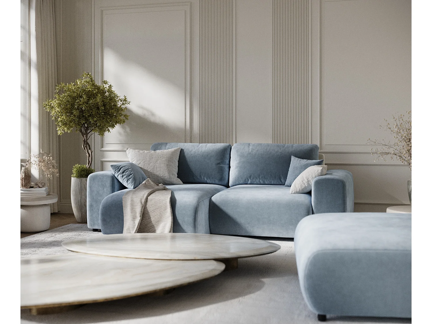 Canapé d'angle en tissu velours Zanzibar - 4 places - bleu