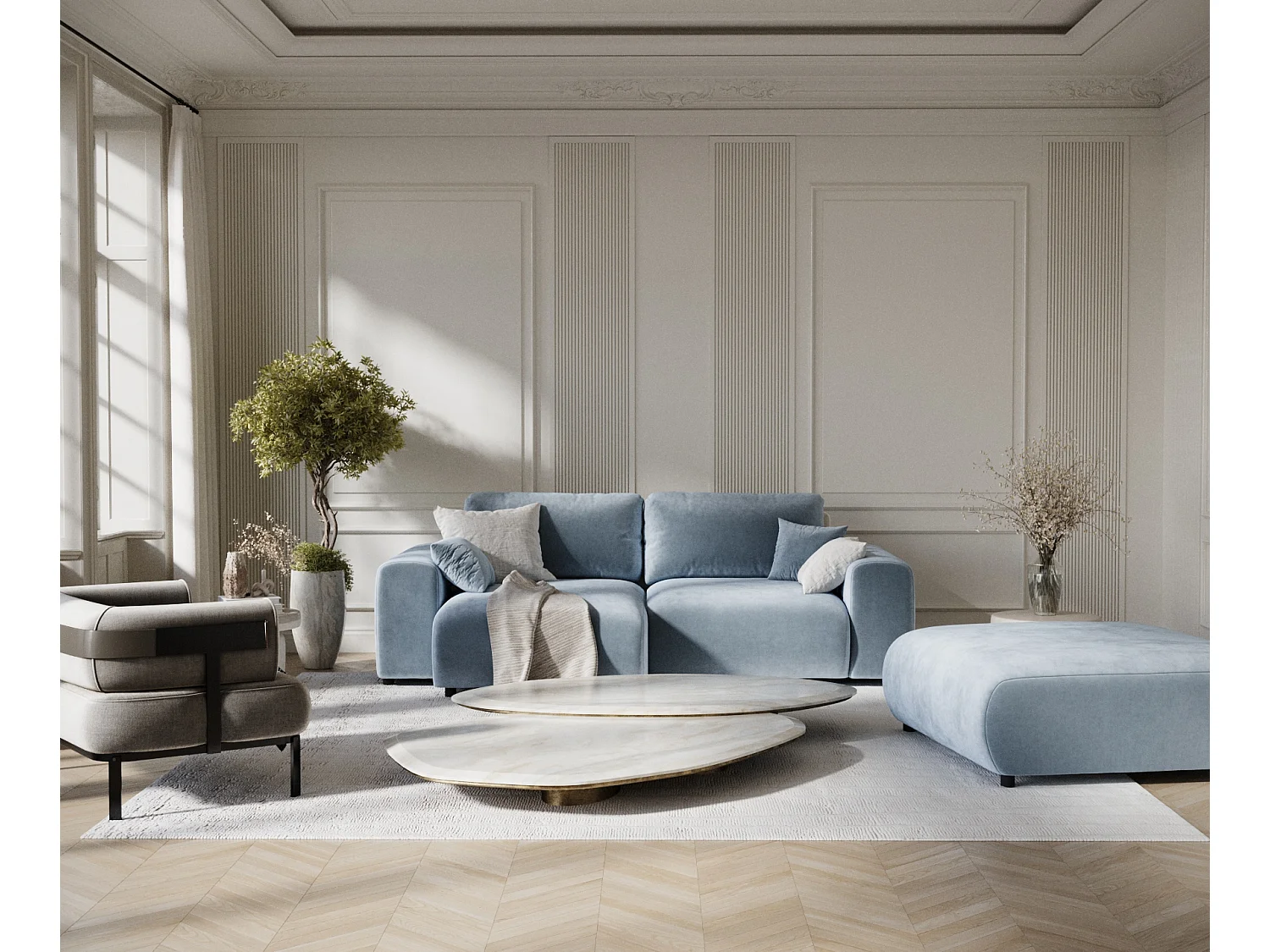 Canapé d'angle en tissu velours Zanzibar - 4 places - bleu