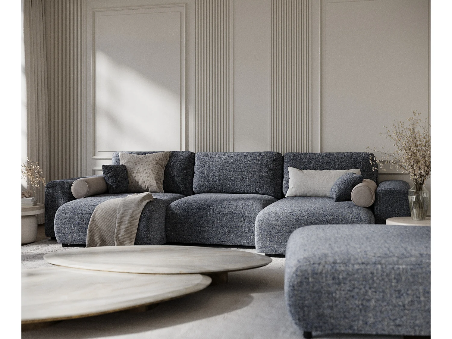 Canapé d'angle panoramique en toile tissée Zanzibar - 6 places - bleu marine