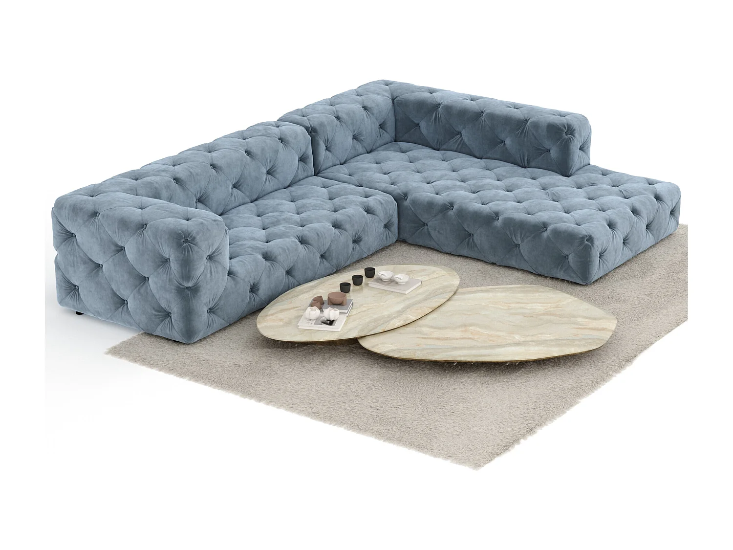 Canapé d'angle Cosimo - velours - 5 places - bleu