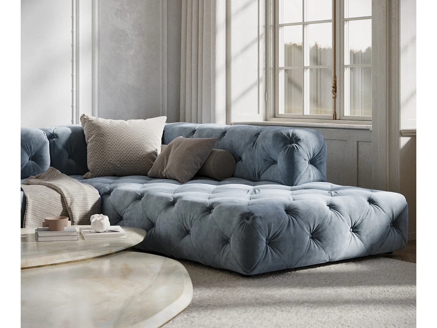 Canapé d'angle Cosimo - velours - 5 places - bleu