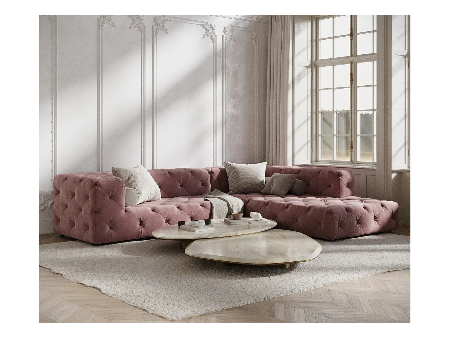 Ecksofa Cosimo - Samtstoff - Fünf-Personen - rosa