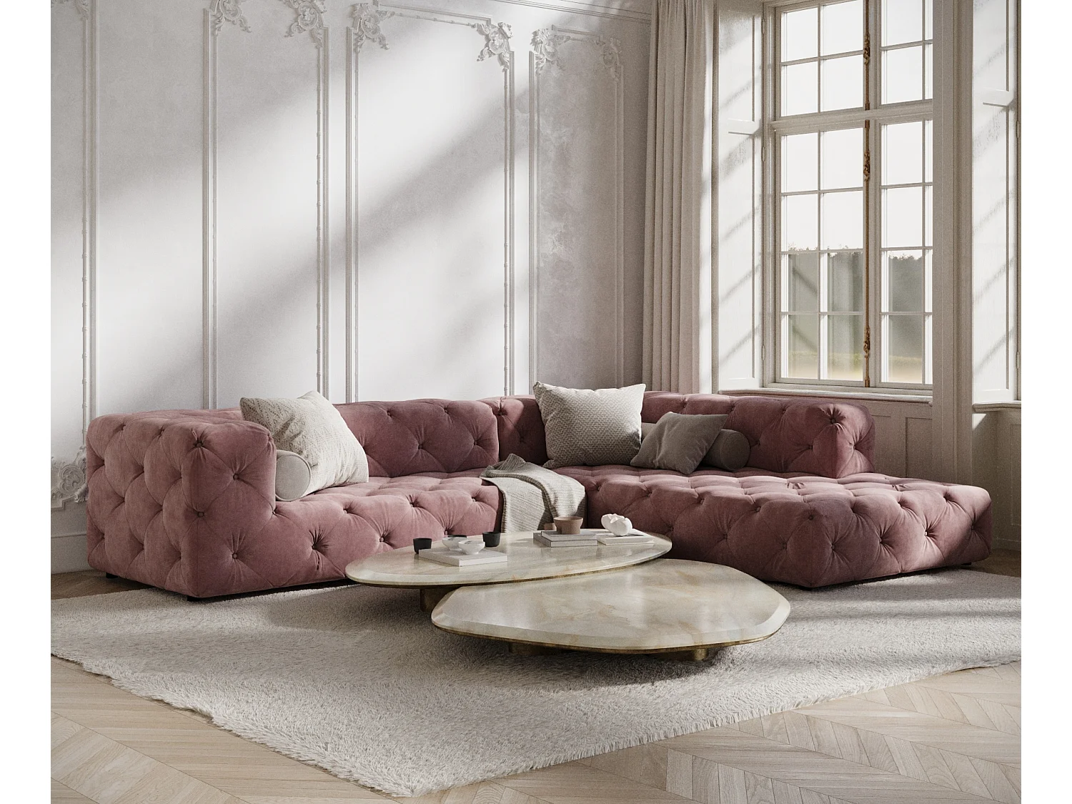 Canapé d'angle Cosimo - velours - 5 places - rose