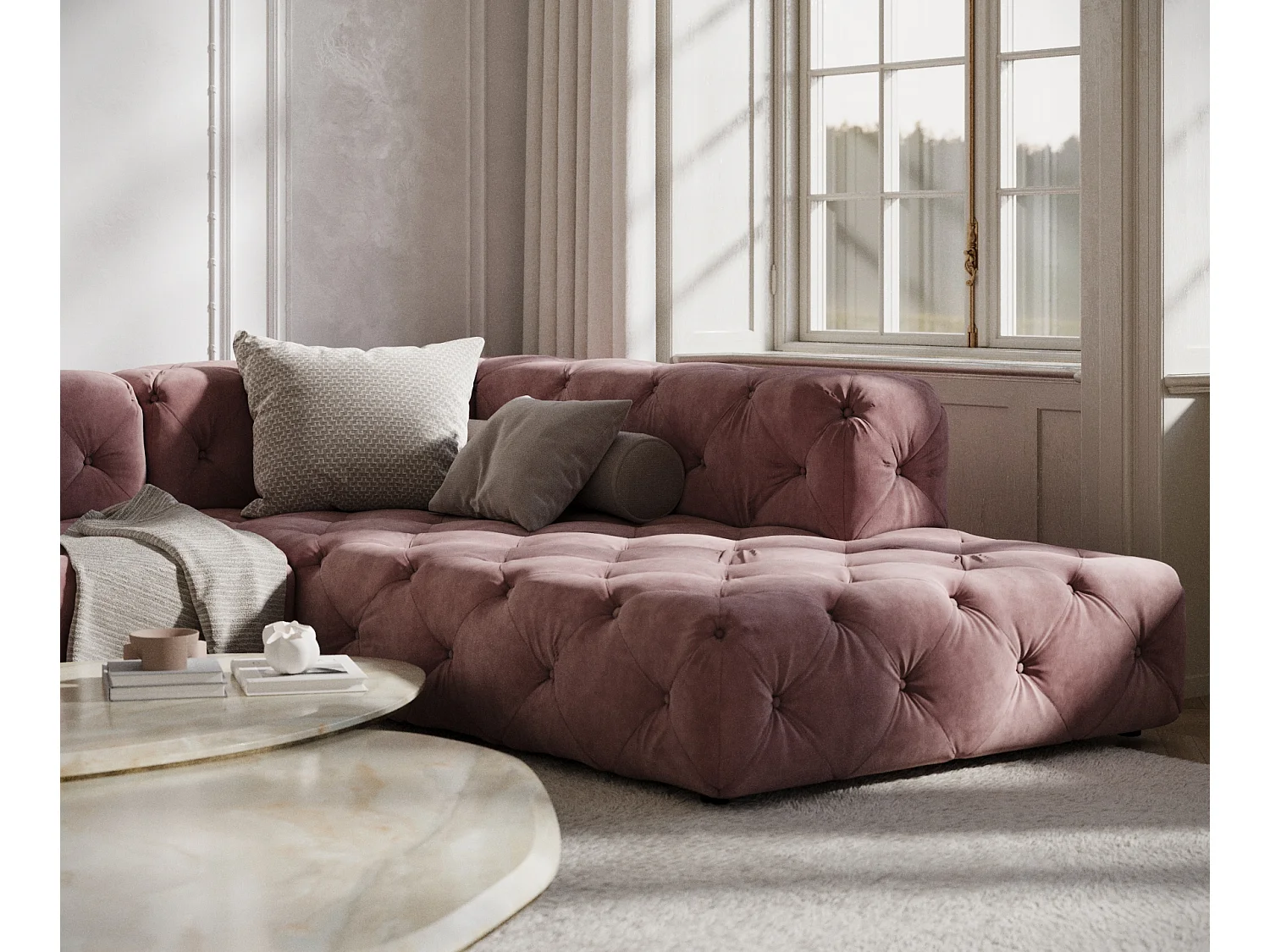 Canapé d'angle Cosimo - velours - 5 places - rose