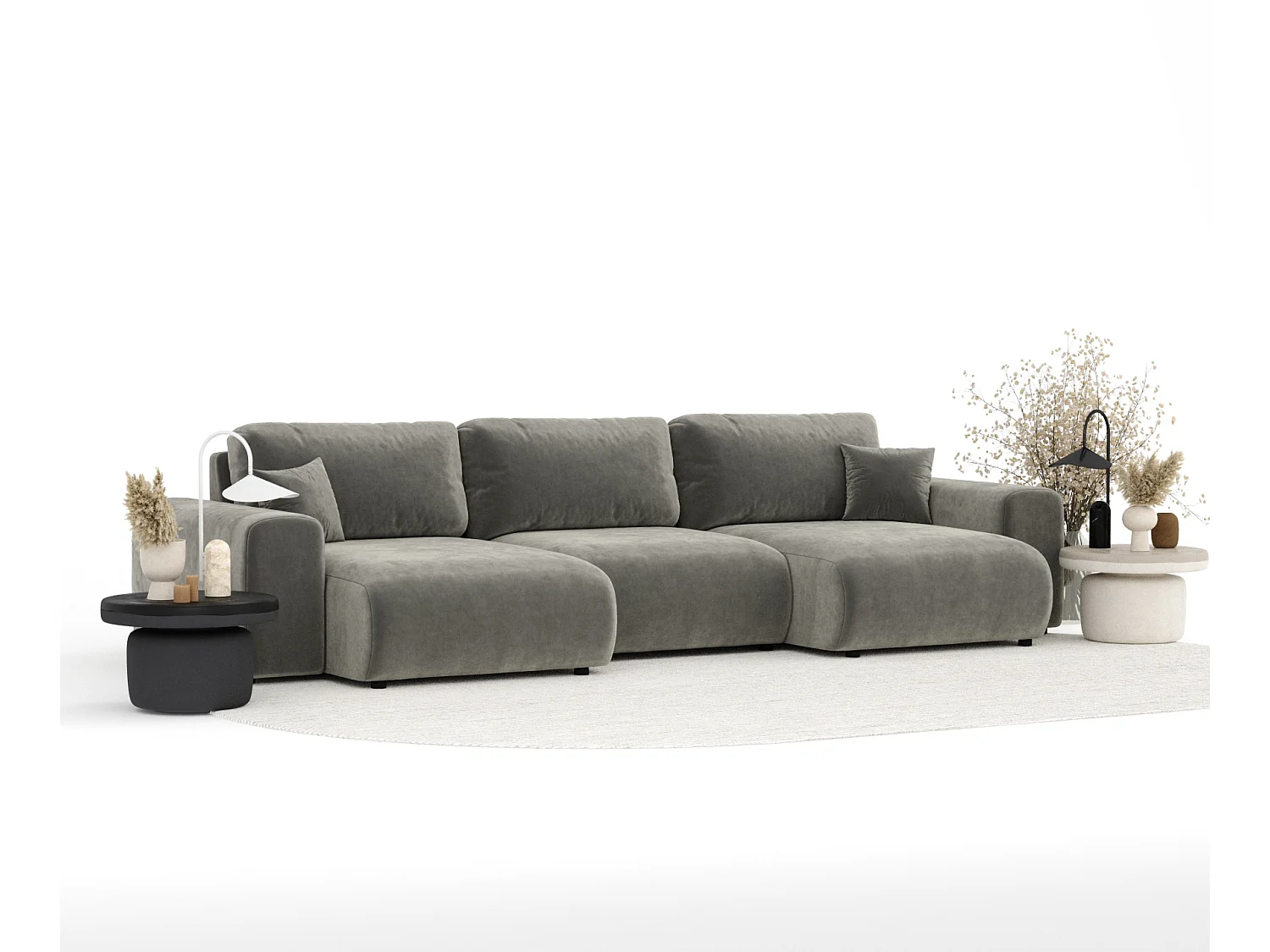 Canapé d'angle panoramique en tissu velours Zanzibar - 6 places - gris