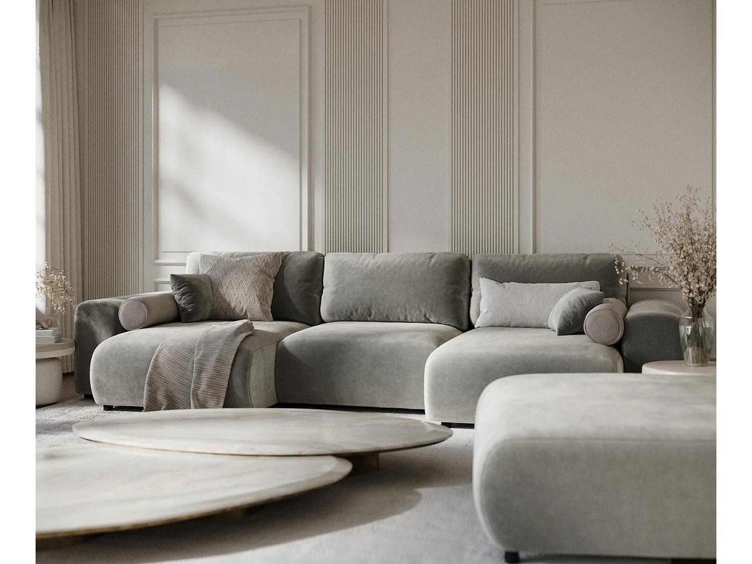 Canapé d'angle panoramique en tissu velours Zanzibar - 6 places - gris