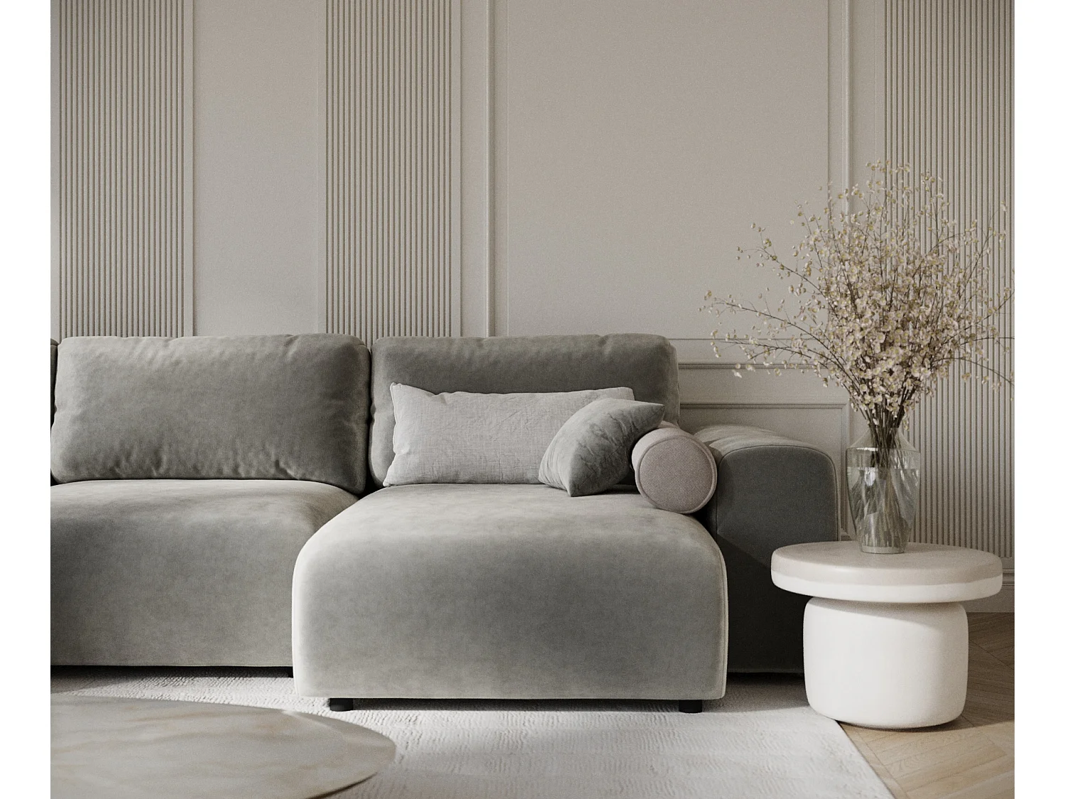 Canapé d'angle panoramique en tissu velours Zanzibar - 6 places - gris