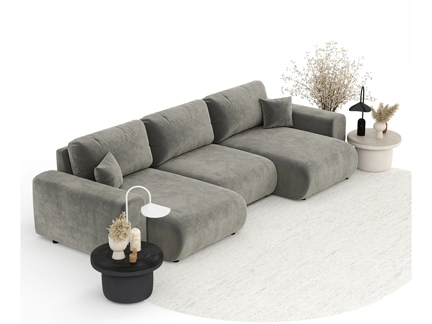 Canapé d'angle panoramique en tissu velours Zanzibar - 6 places - gris
