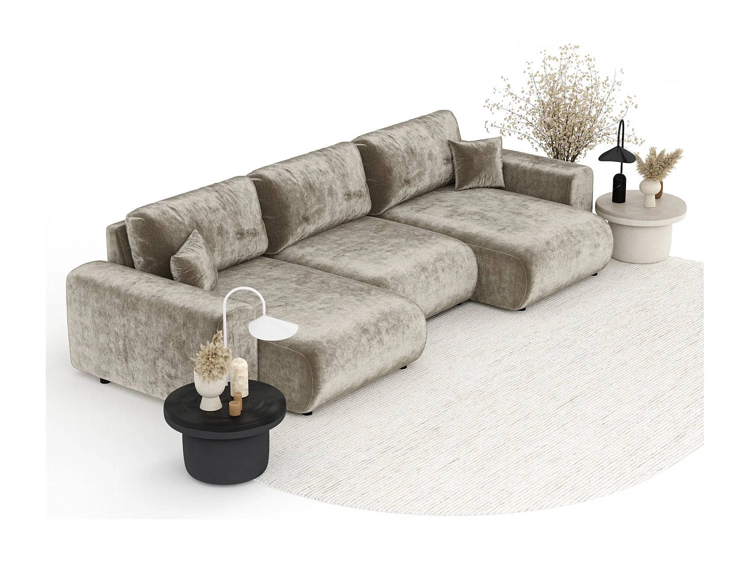 Canapé d'angle panoramique en tissu chenille Zanzibar - 6 places - beige