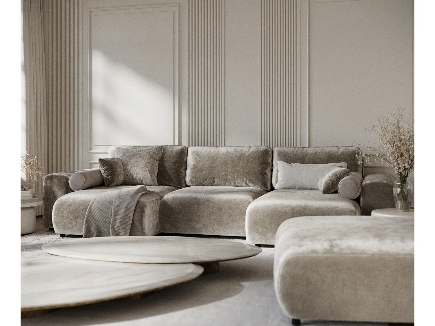 Canapé d'angle panoramique en tissu chenille Zanzibar - 6 places - beige