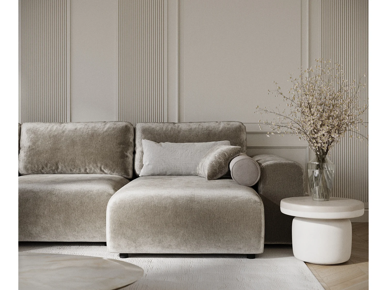 Canapé d'angle panoramique en tissu chenille Zanzibar - 6 places - beige