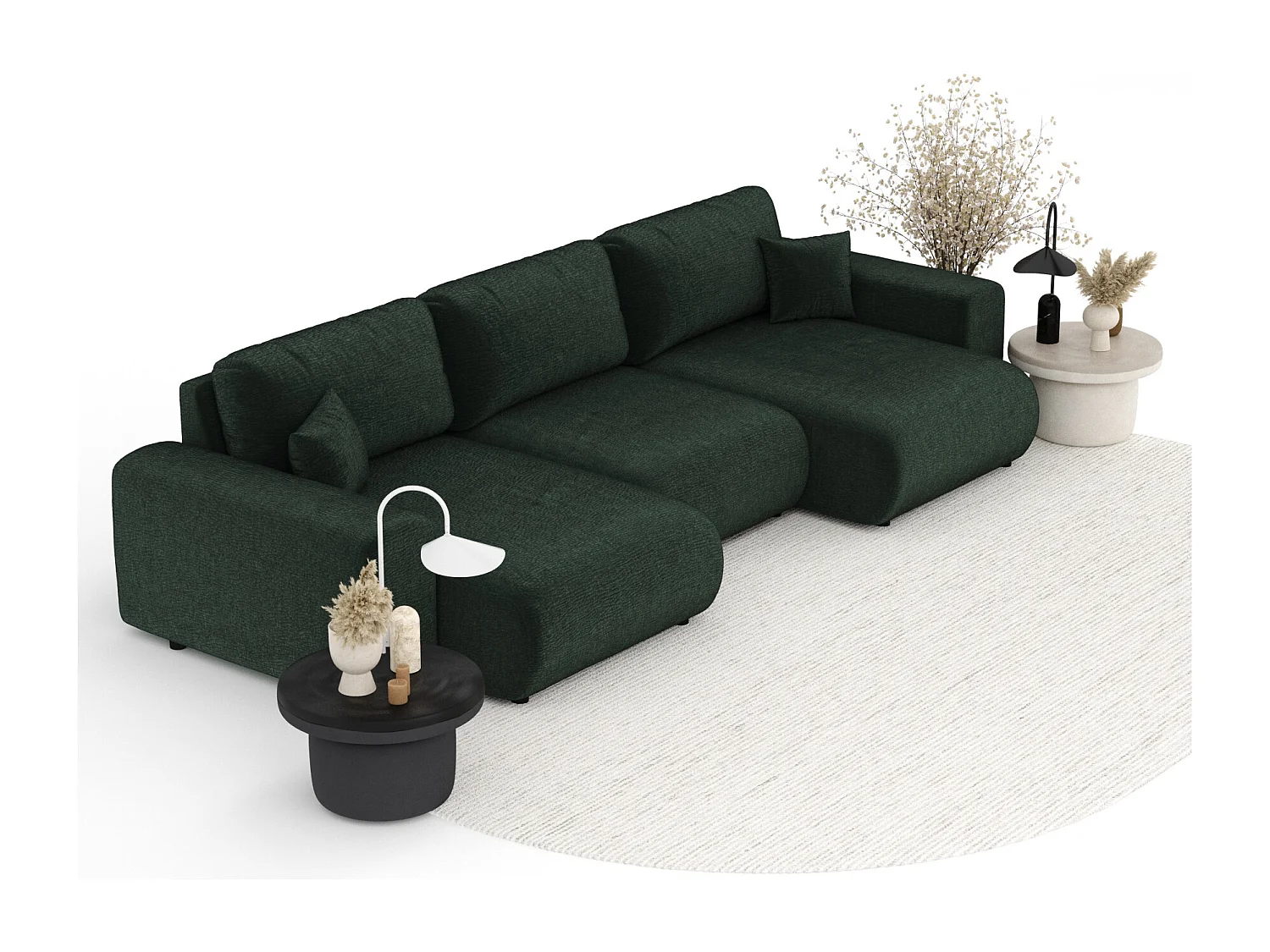 Canapé d'angle panoramique en tissu chenille Zanzibar - 6 places - vert foncé