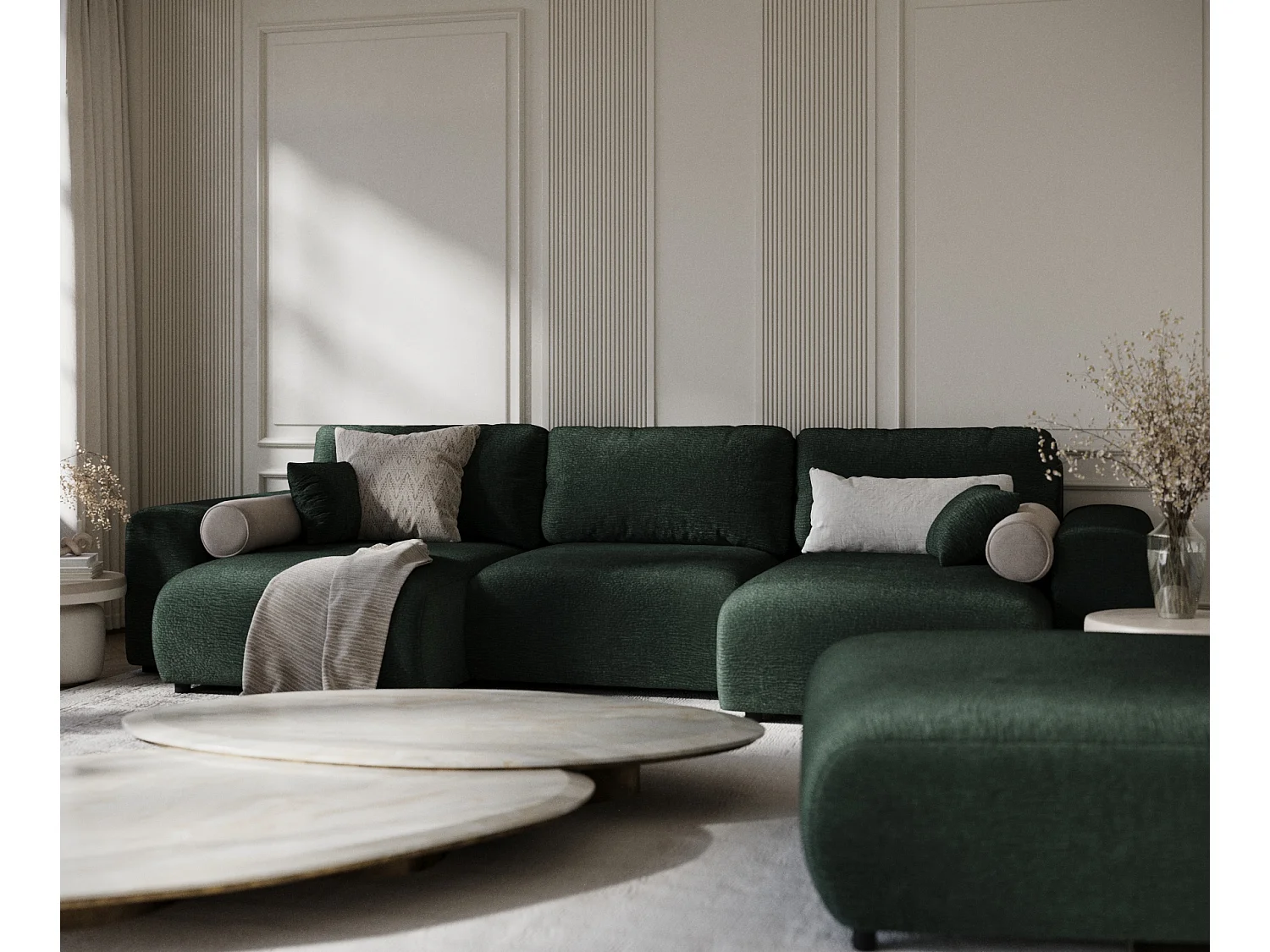 Canapé d'angle panoramique en tissu chenille Zanzibar - 6 places - vert foncé
