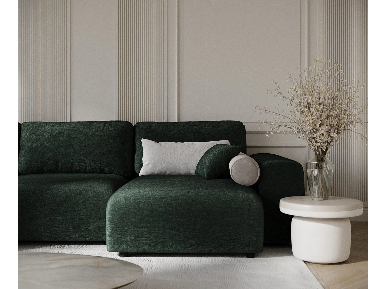 Canapé d'angle panoramique en tissu chenille Zanzibar - 6 places - vert foncé