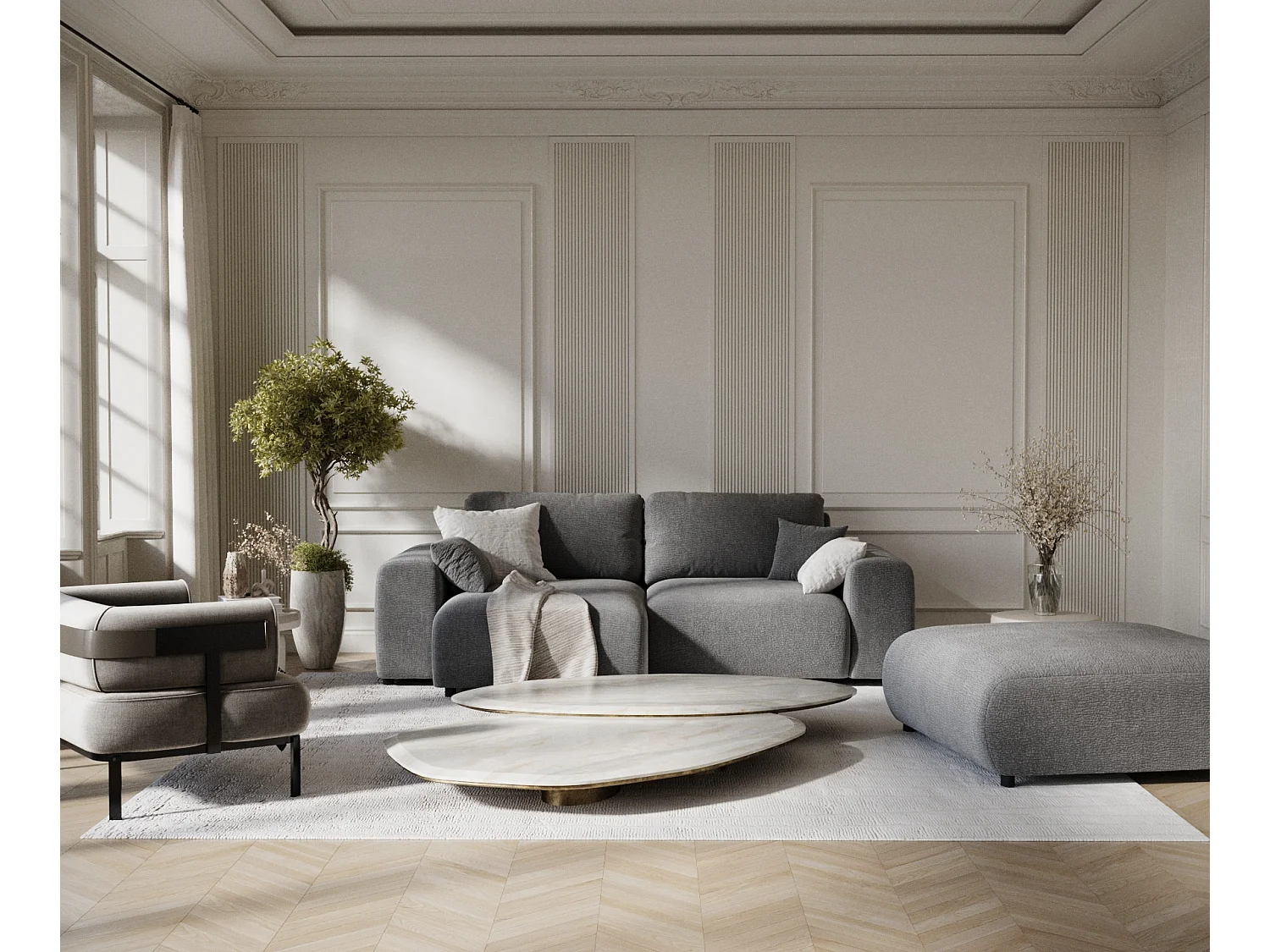 Canapé d'angle en tissu chenille Zanzibar - 4 places - gris