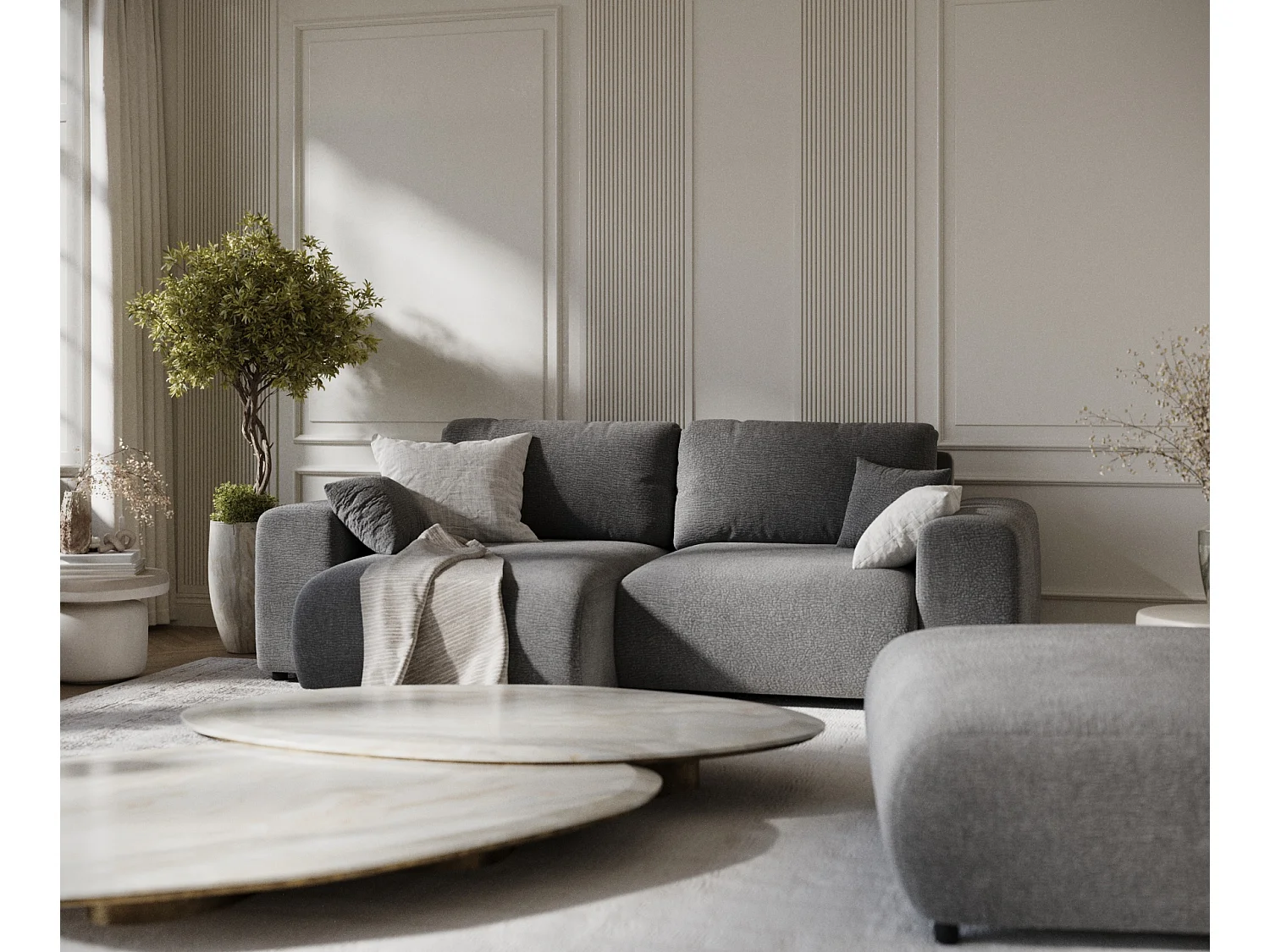 Canapé d'angle en tissu chenille Zanzibar - 4 places - gris