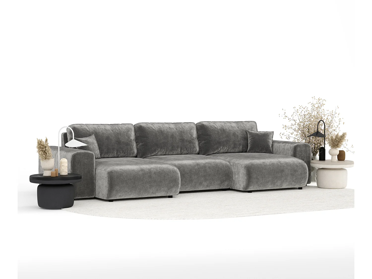 Canapé d'angle panoramique en tissu chenille Zanzibar - 6 places - gris