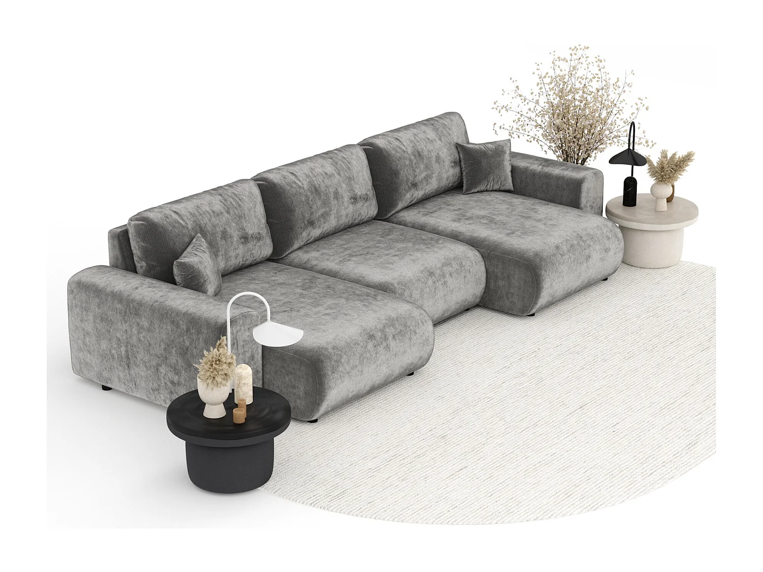 Canapé d'angle panoramique en tissu chenille Zanzibar - 6 places - gris