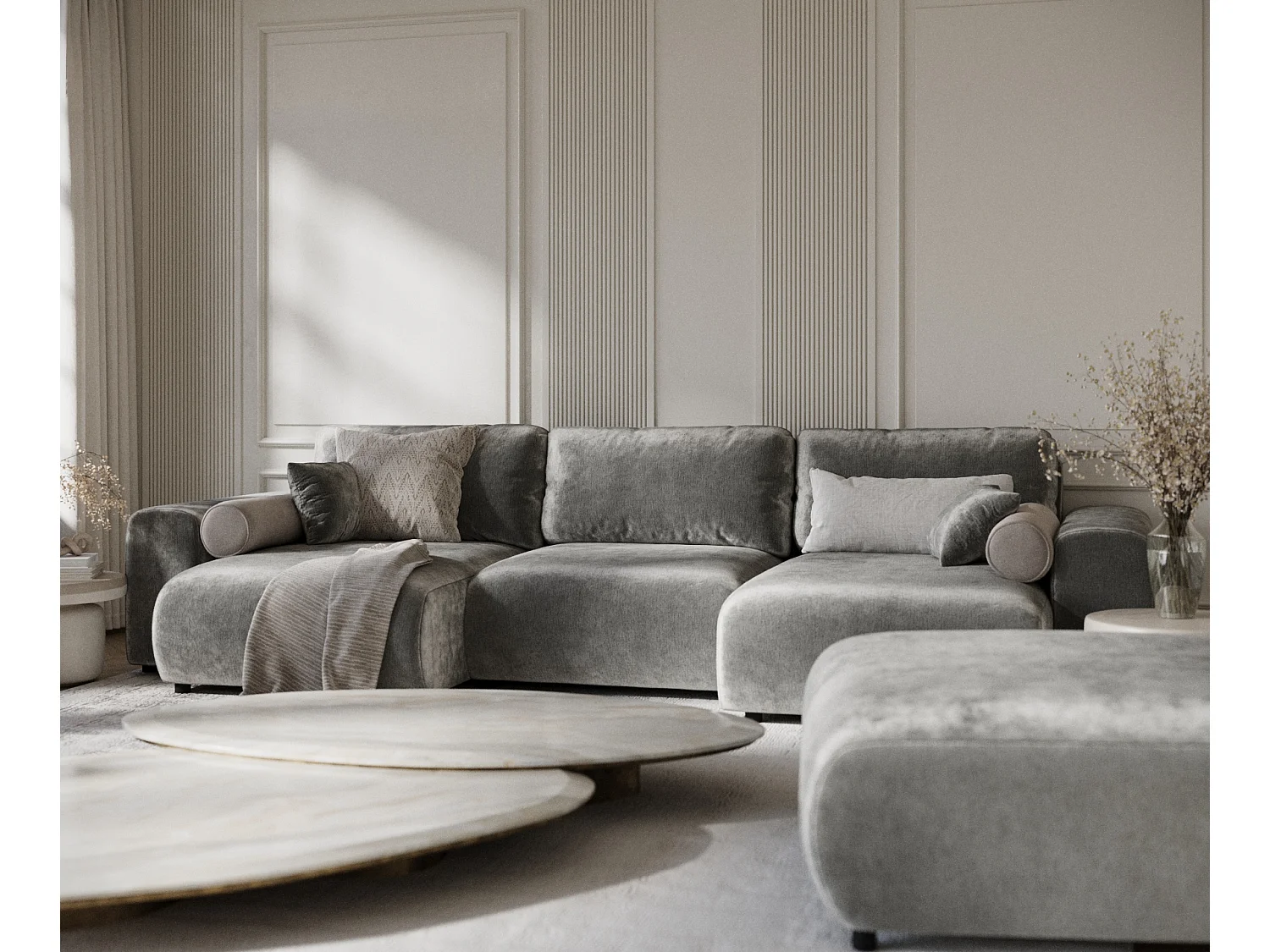 Canapé d'angle panoramique en tissu chenille Zanzibar - 6 places - gris