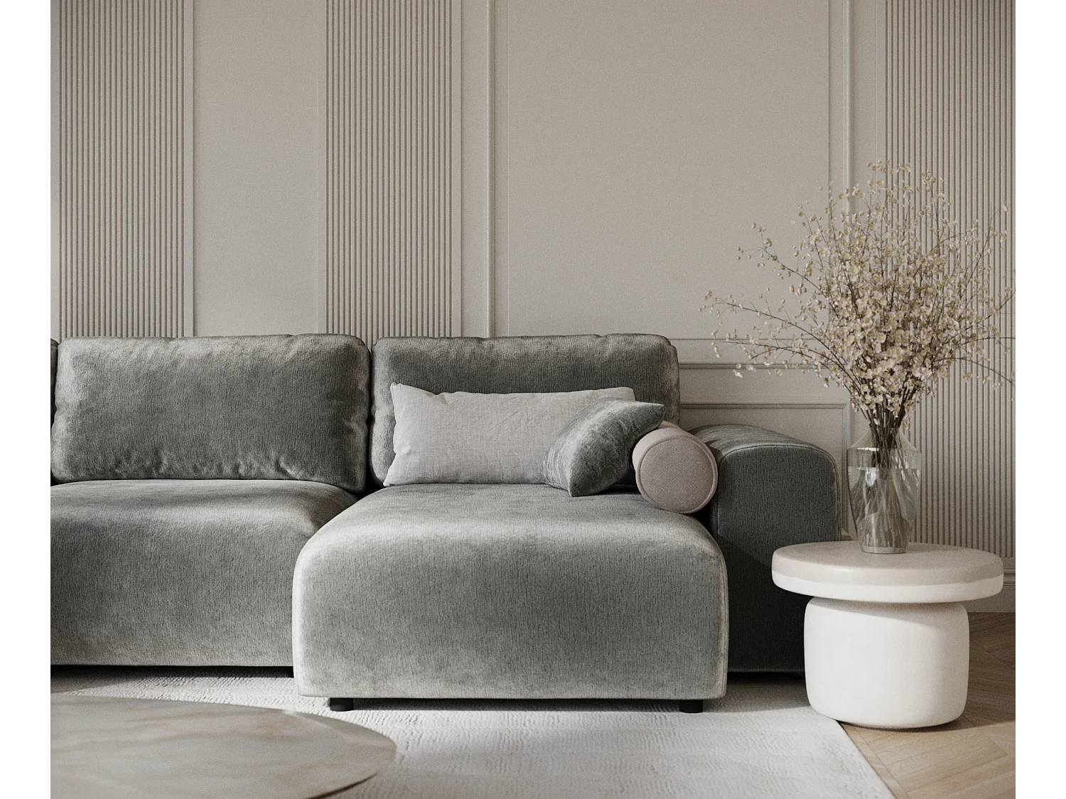 Canapé d'angle panoramique en tissu chenille Zanzibar - 6 places - gris