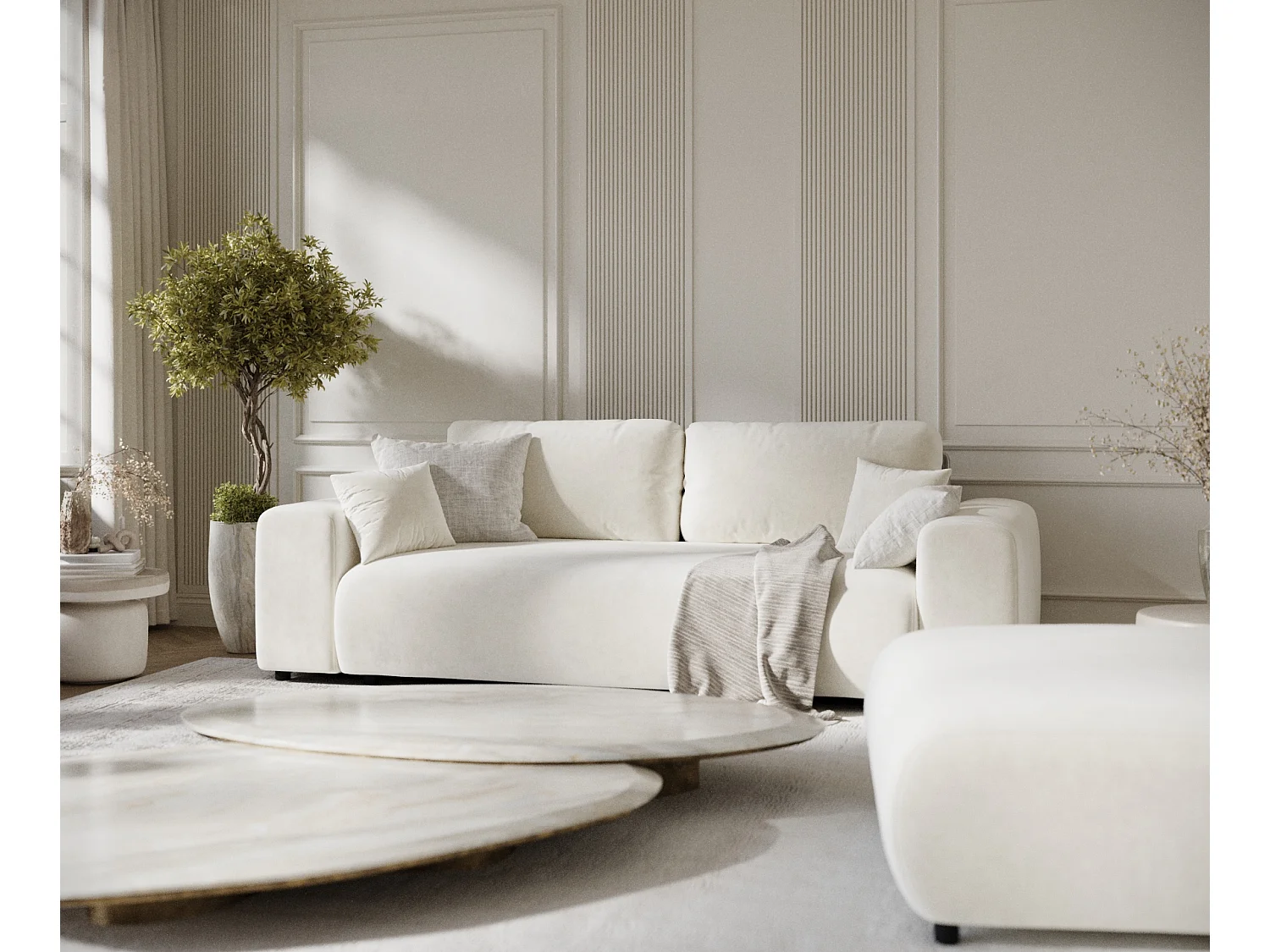 Canapé en tissu velours Zanzibar - 3 places - creme