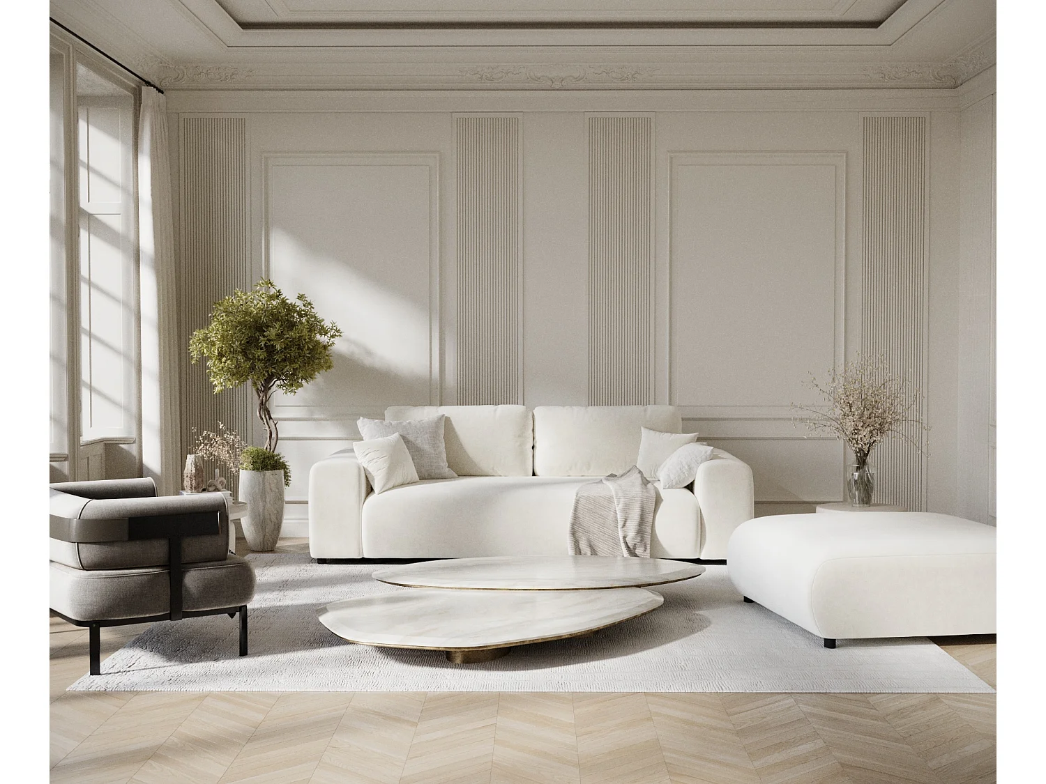 Canapé en tissu velours Zanzibar - 3 places - creme