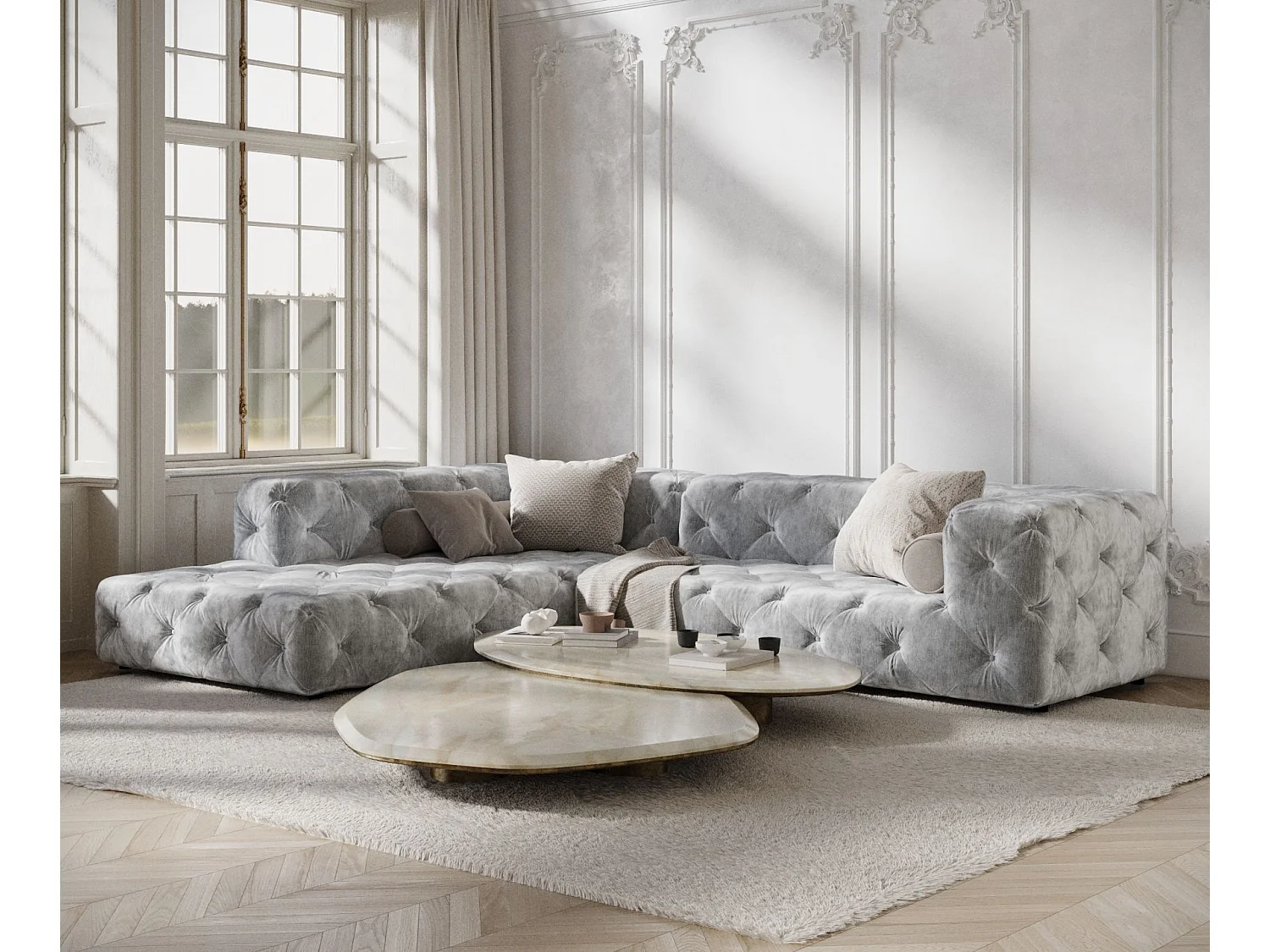 Canapé d'angle Cosimo - chenille - 5 places - gris clair