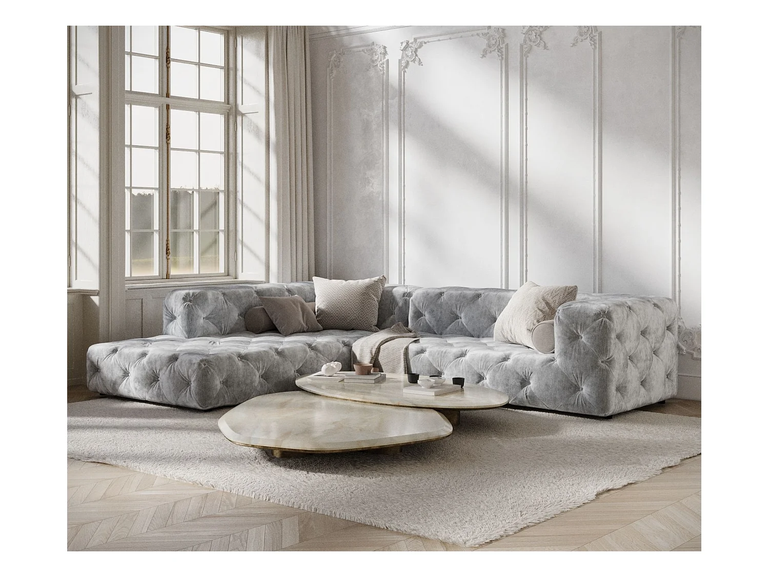 Ecksofa Cosimo - Chenille-Stoff - Fünf-Personen - hellgrau