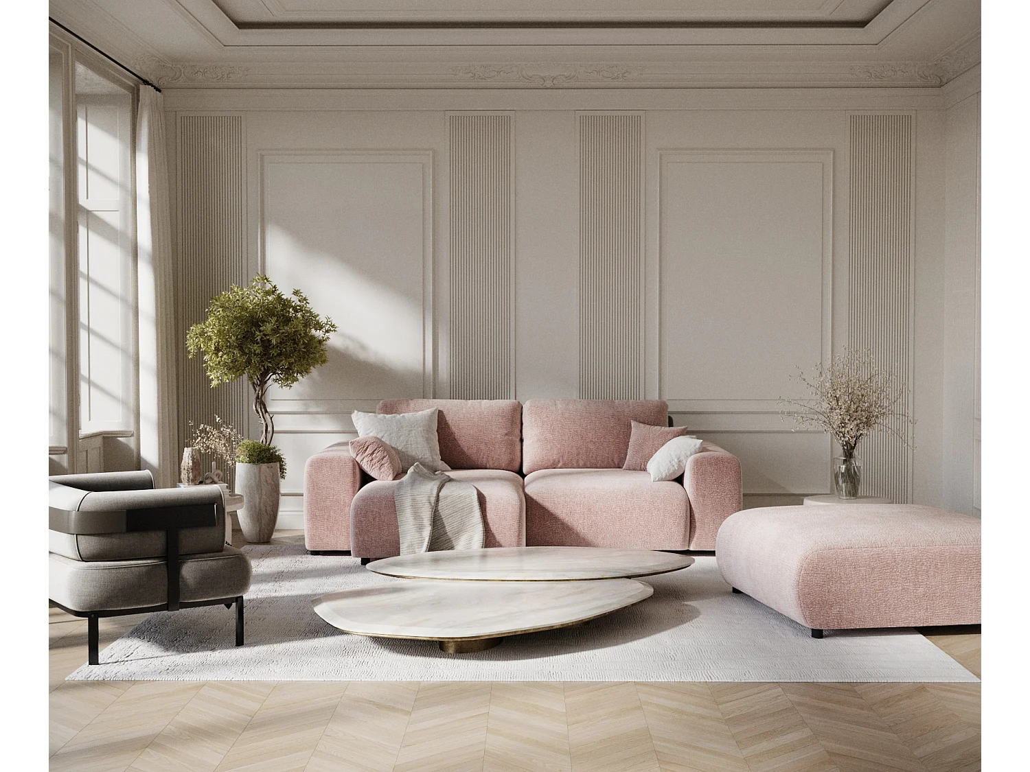 Canapé d'angle en tissu chenille Zanzibar - 4 places - rose