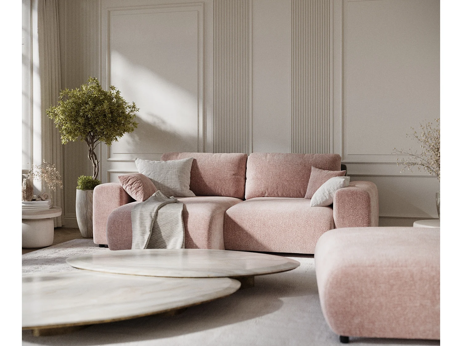 Canapé d'angle en tissu chenille Zanzibar - 4 places - rose