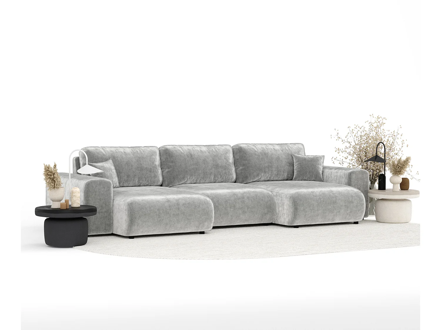 Canapé d'angle panoramique en tissu chenille Zanzibar - 6 places - gris clair