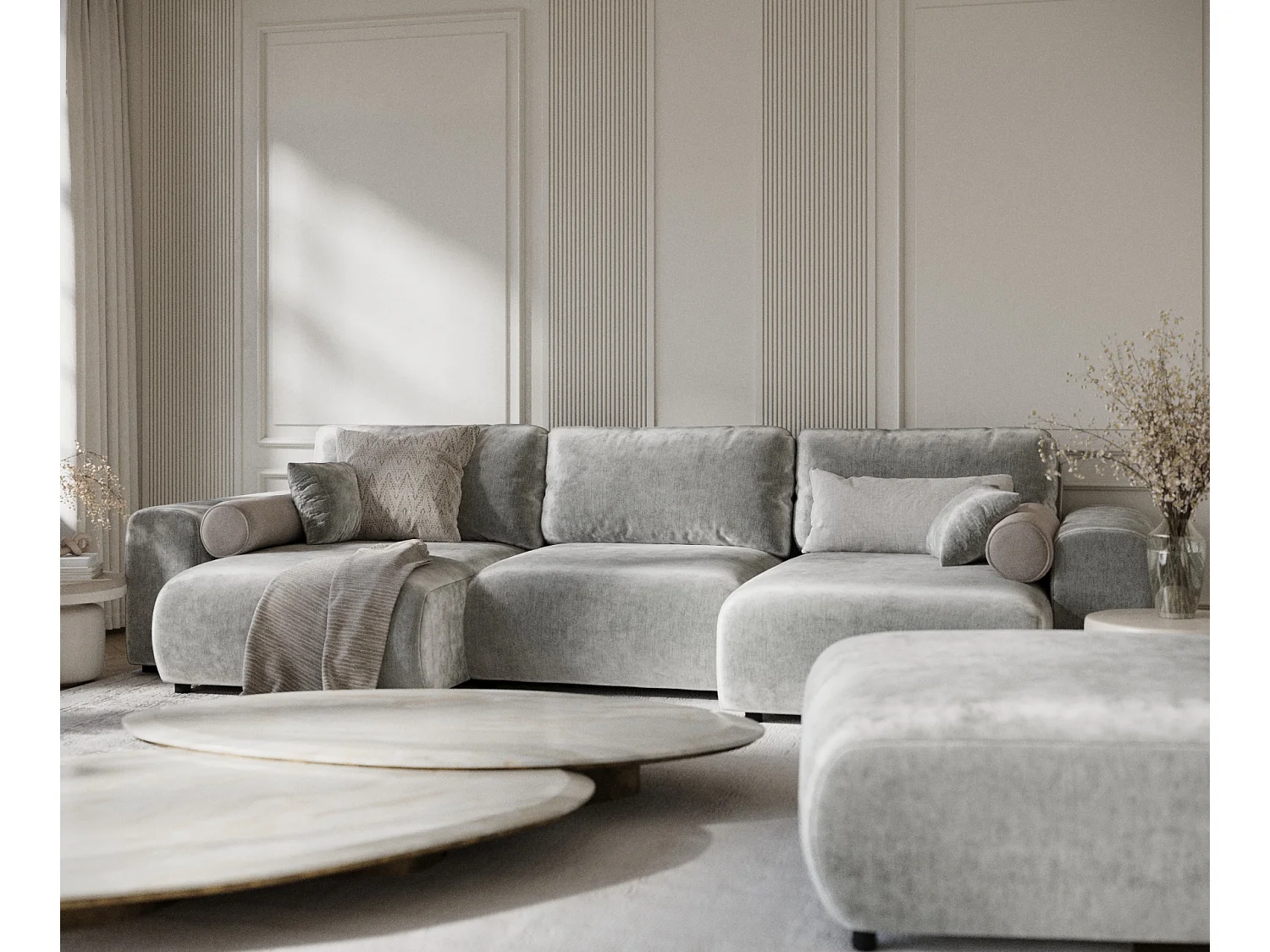 Canapé d'angle panoramique en tissu chenille Zanzibar - 6 places - gris clair