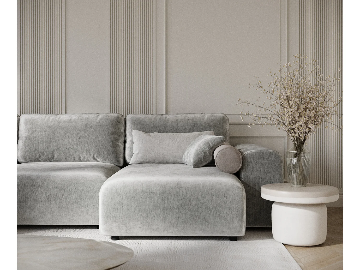 Canapé d'angle panoramique en tissu chenille Zanzibar - 6 places - gris clair